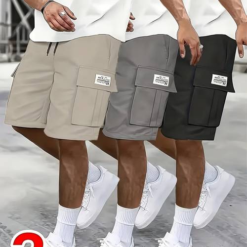 3 pack mens cargo shorts casual athletic shorts multi pocket adjustable waist black gray khaki outdoor travel