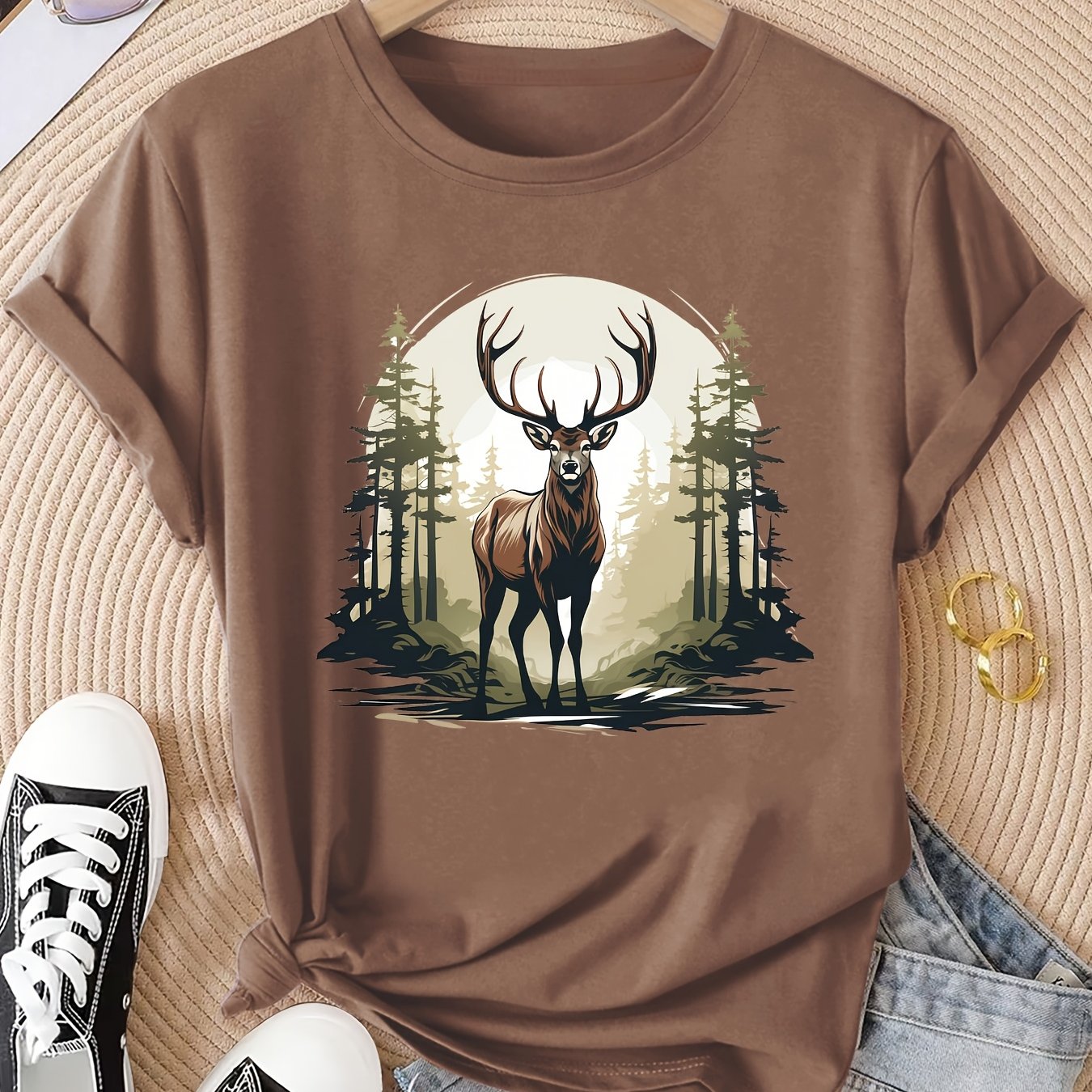 TEMU Women's Elegant Short-sleeve Vintage Style Forest Stag Print Crew Neck T-shirt, Comfortable, Soft, And Breathable, New Fashionable And Simple