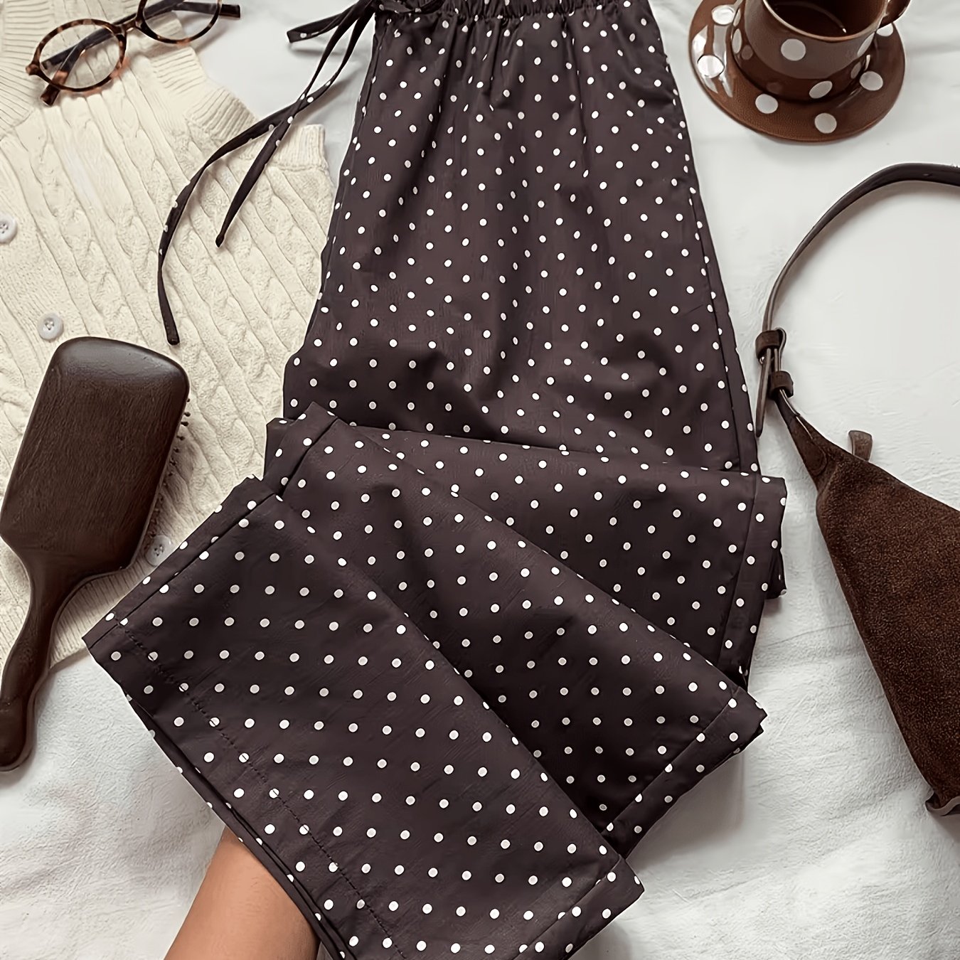 TEMU Women's Elastic Waist Polka Dot Casual Straight Wide-leg Long Pants