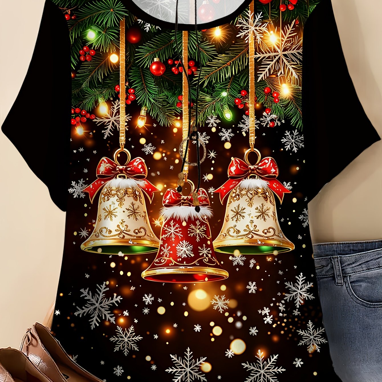 TEMU Plus Size, Plus Size - Women's Plus Size Round Neck Dark High-end Style Christmas Decoration Pop Art Design Casual Top | Printed Top Stretch