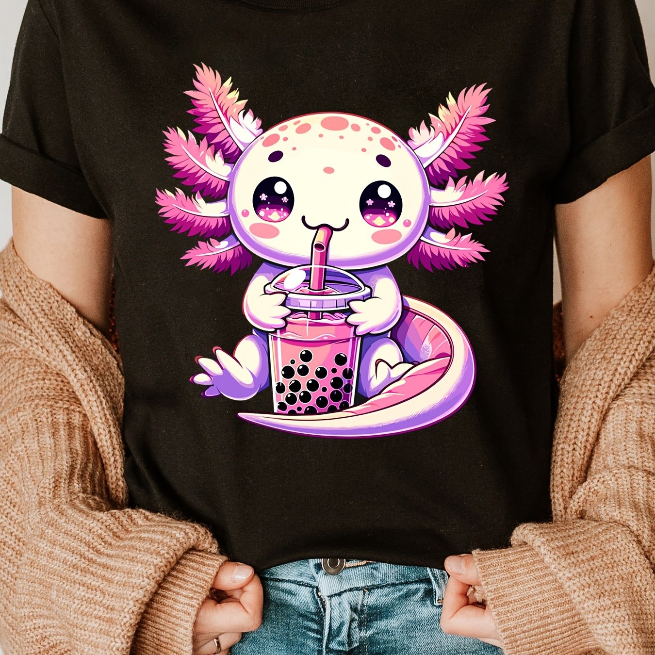 Lala-q Anime Cute Kawaii Axolotl Fashion Letter Print T-shirt, Short Sleeve Crew Neck Casual Top For Summer & Spring, Women's Clothing