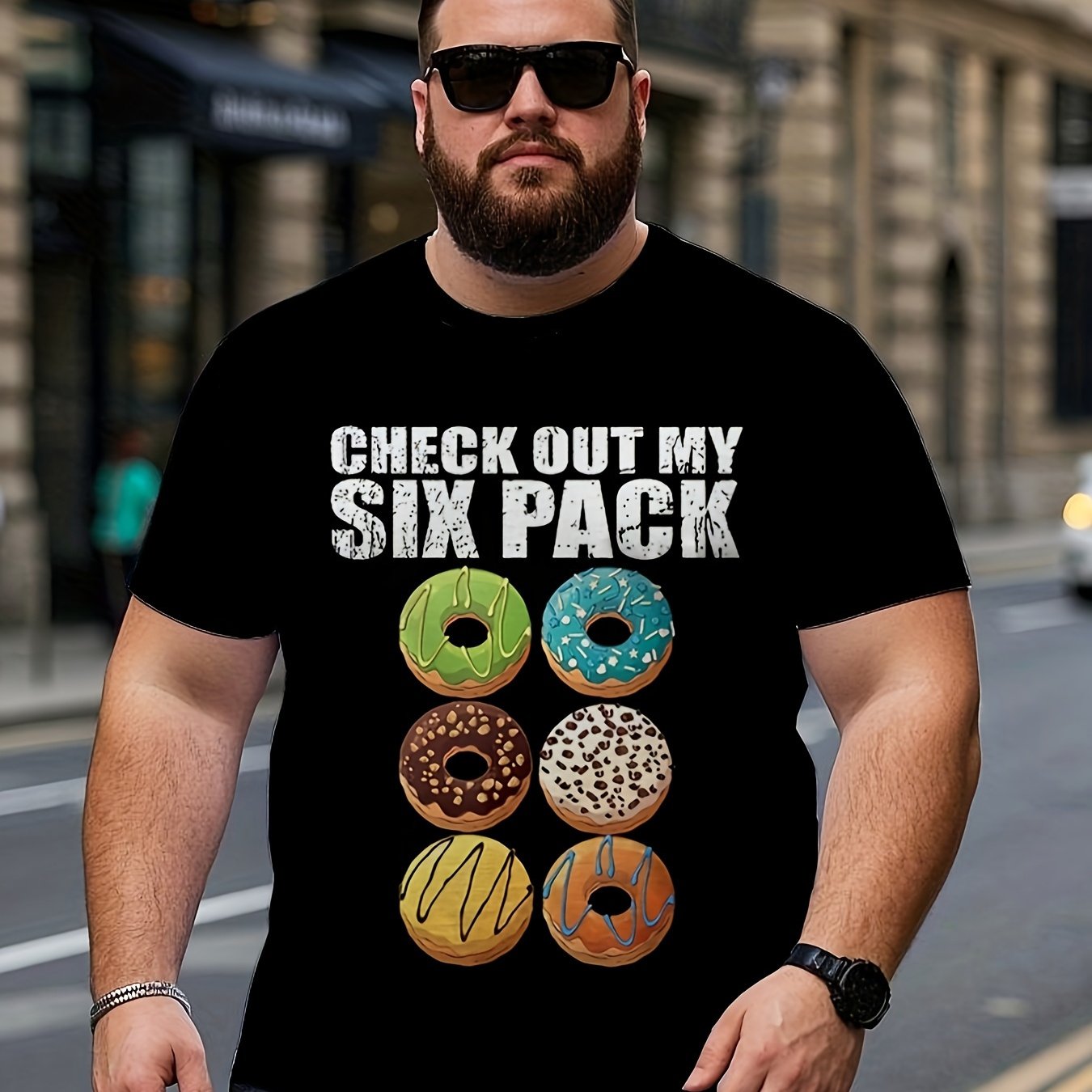 TEMU Plus Size Men's Fashion Casual Short Sleeve T-shirt With Donut Pattern Print, Suitable For Summer Daily Wear