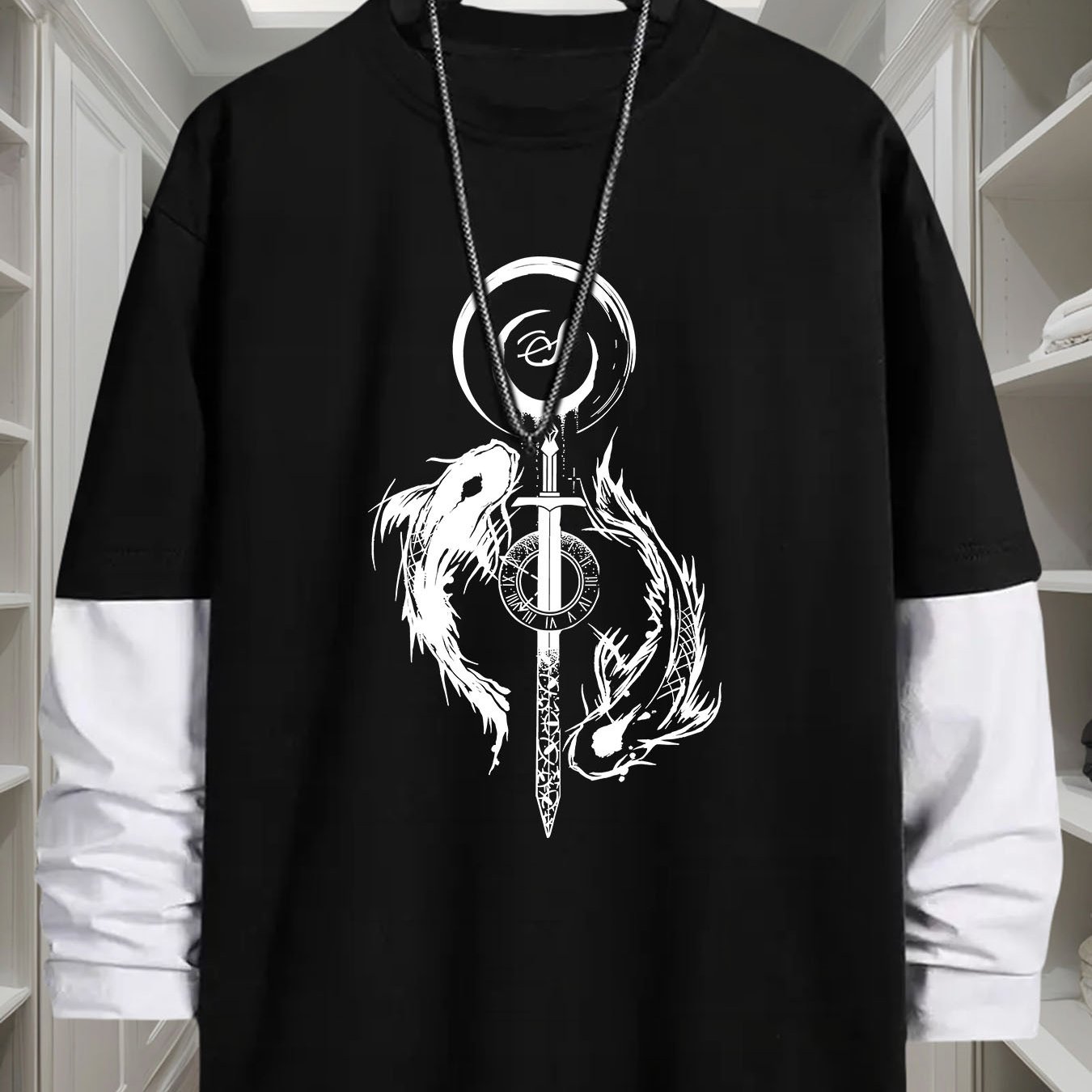 TEMU J1417 Yin-yang Fish Print 2-in-1 Look Long Sleeve T-shirt Men's Streetwear Fashion Top