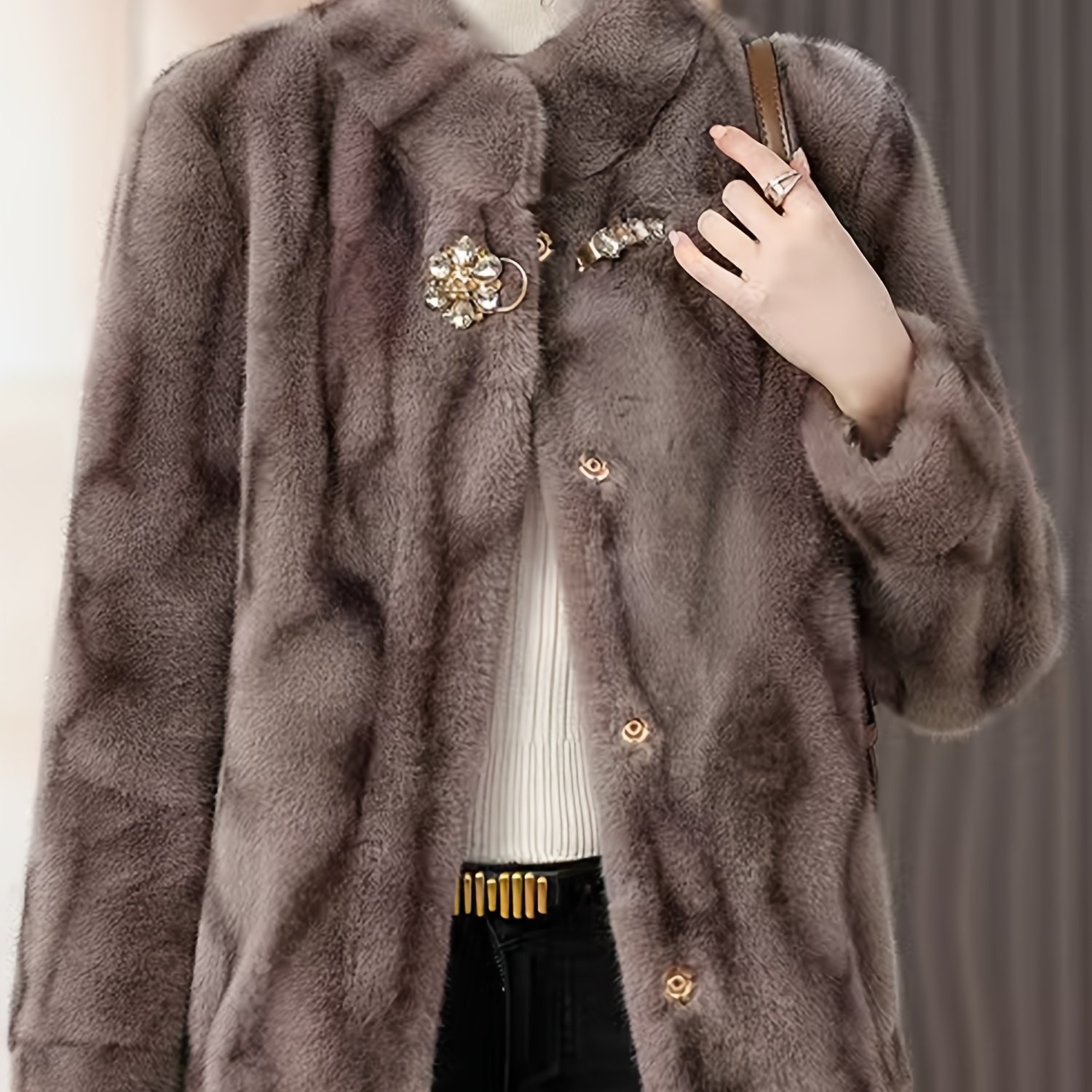 TEMU Women's New Winter Faux Coat, Women's Stand Collar Solid Color Faux Jacket Top, Soft And Comfortable Fabric, Elegant Fashion Outerwear, Women's