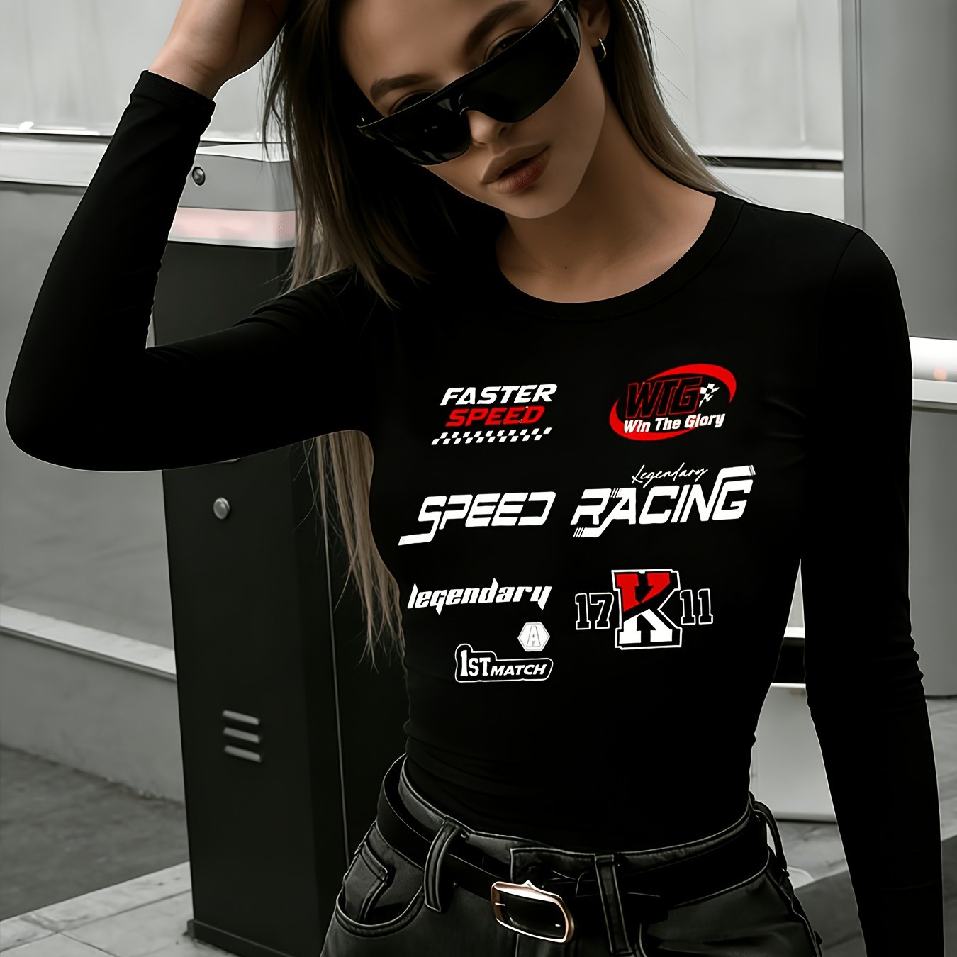 TEMU Racing Elements Fashion Print. Graphic Printed Women's Slim Fit Long Sleeved Roundneck Base Shirt, Fashionable, Easy And Versatile Women's Long