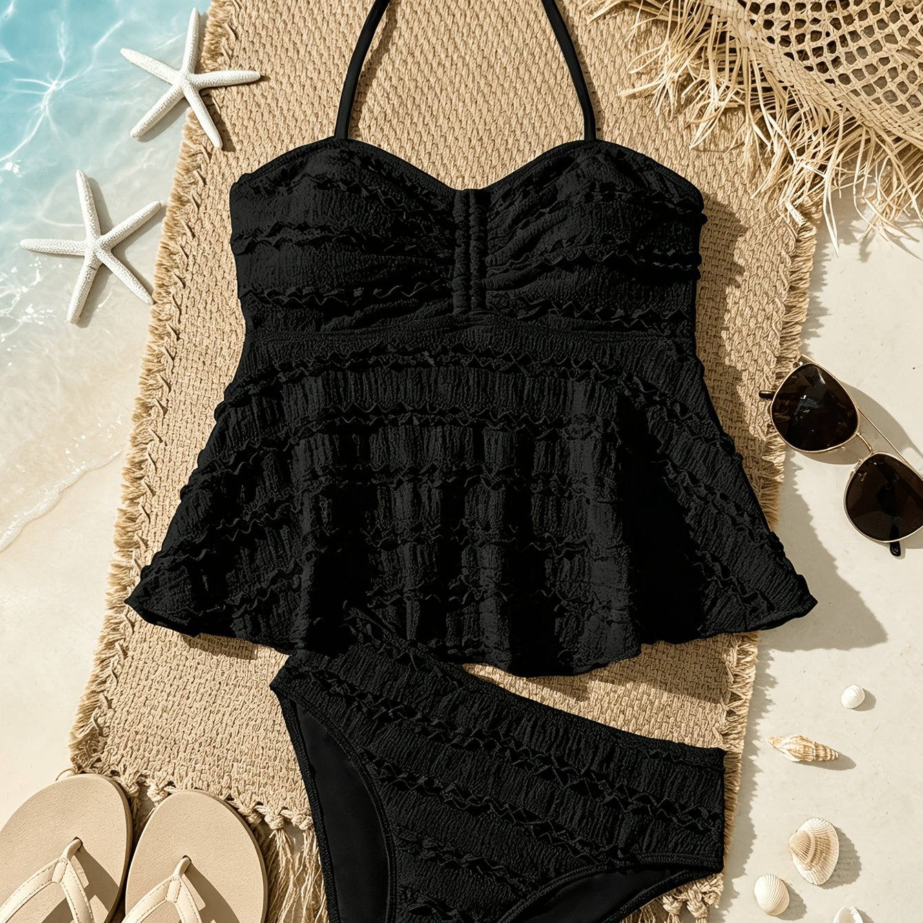 Teen And Tween Girls Tankini, Solid Color Jacquard Fabric Kids Girl 2pcs Bathing Suit For 8-16 Years Old Big Girl Swimwear Summer Beach Outfits Swimming Pool