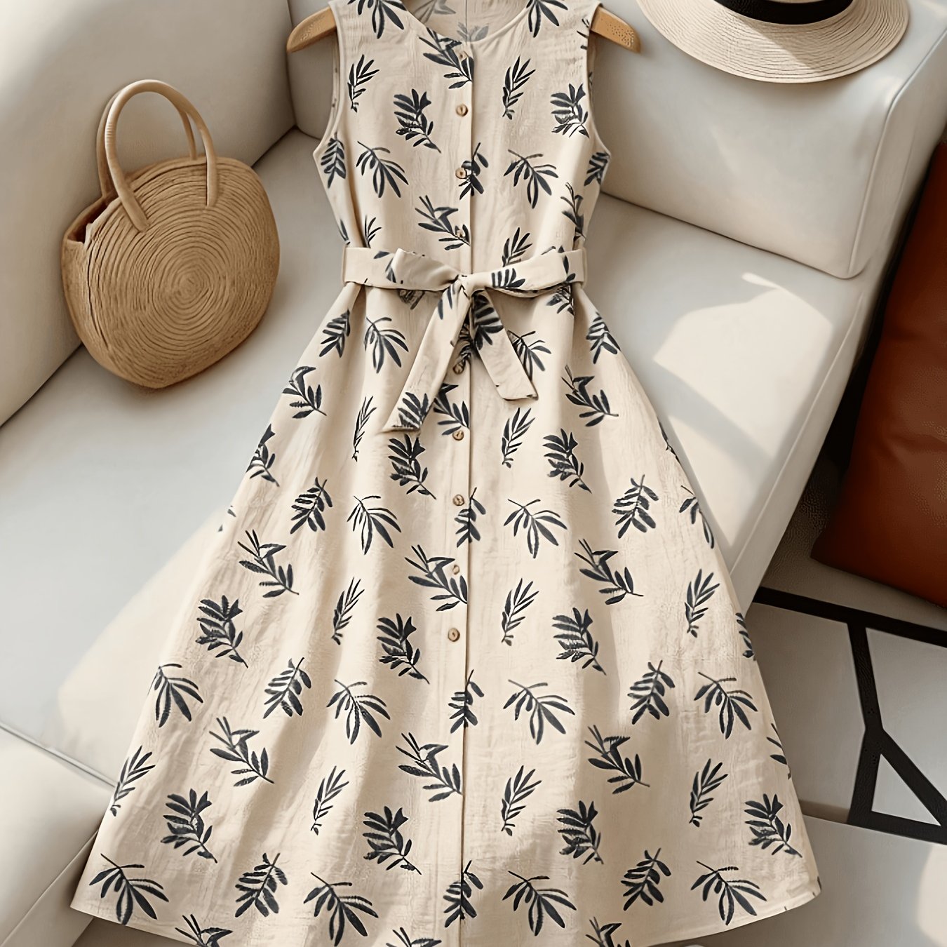 TEMU Women's Round Neck Sleeveless Plant Print Button-front Casual Vacation Dress
