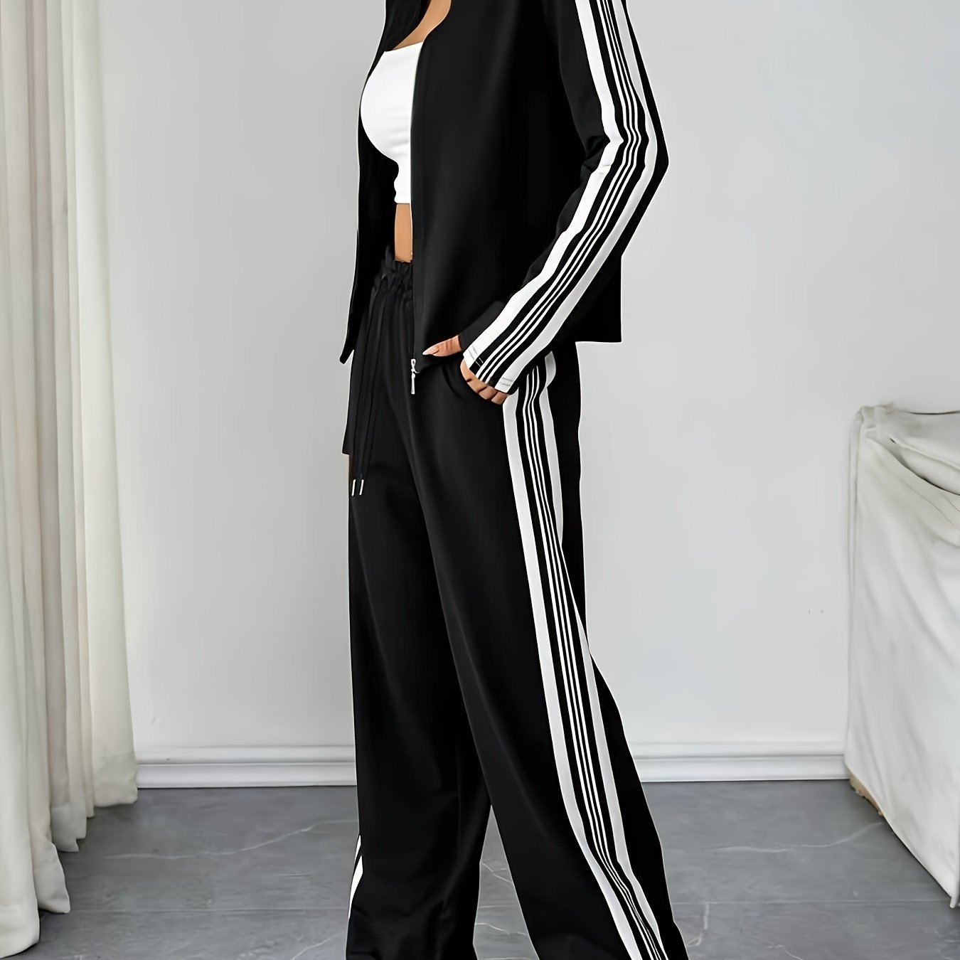 TEMU Women's Suit, Spring/autumn Long Sleeve Collar Zipper Jacket And Long Trousers, Women's Casual Contrast 2pcs Set, Women's Elegant Straight Leg