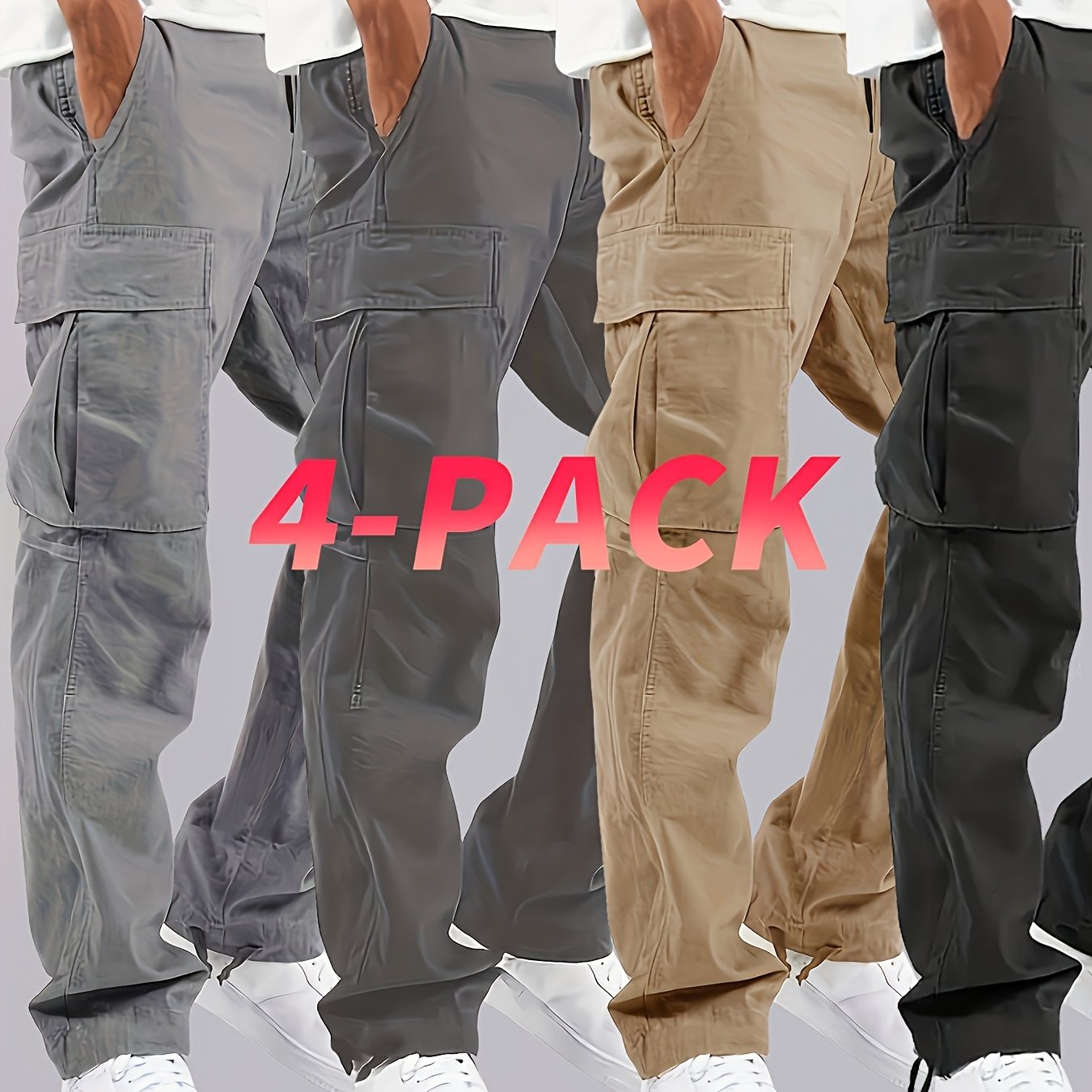 TEMU 4pcs Set Of Men' Long Waist Multi- Trousers, Suitable For Outdoor Work And Autumn.