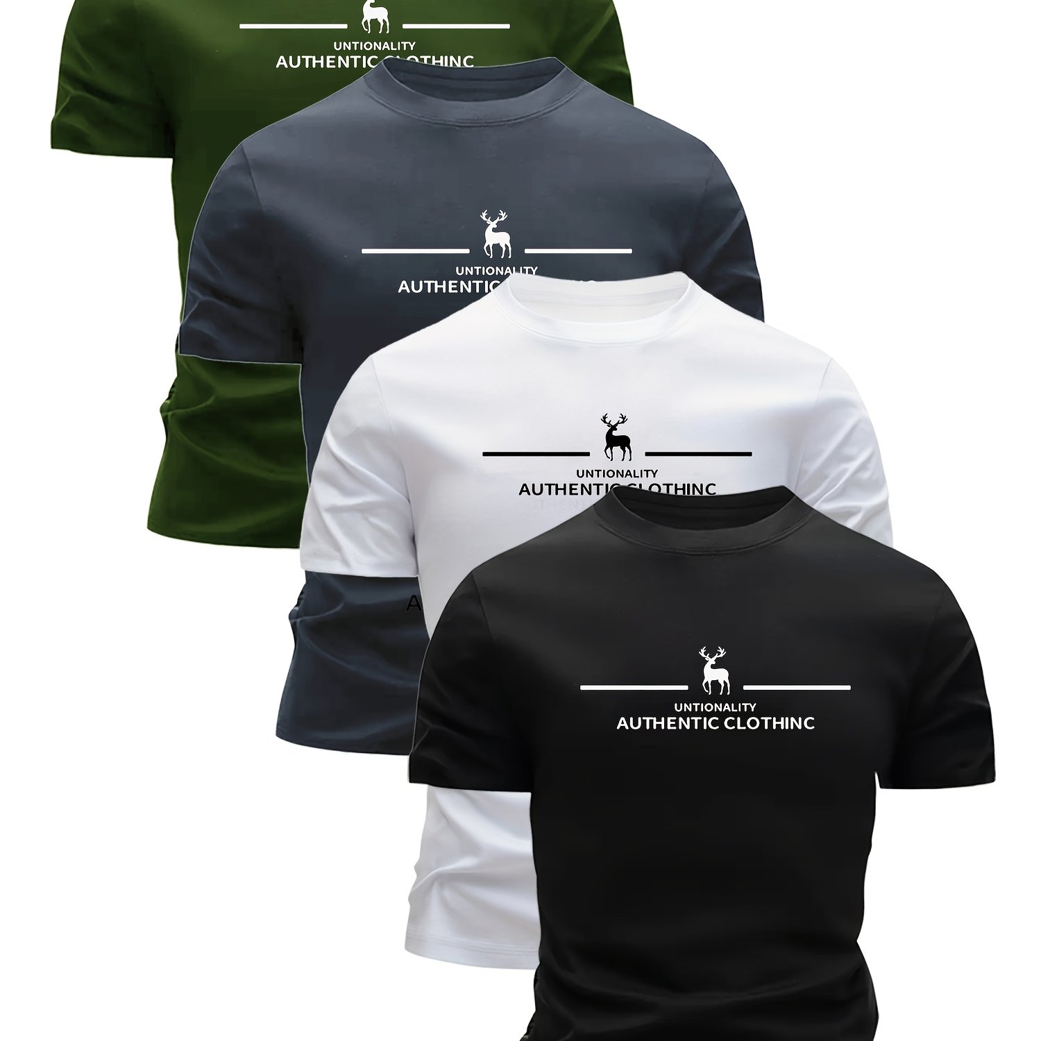 E-shop 4 Stück Gemischte , Grau, Armygrün Bedrucktes Hirschmuster Herren Ultra-Leichtes Rundhals T-Shirt – Schnelltrocknend, Atmungsaktiv,