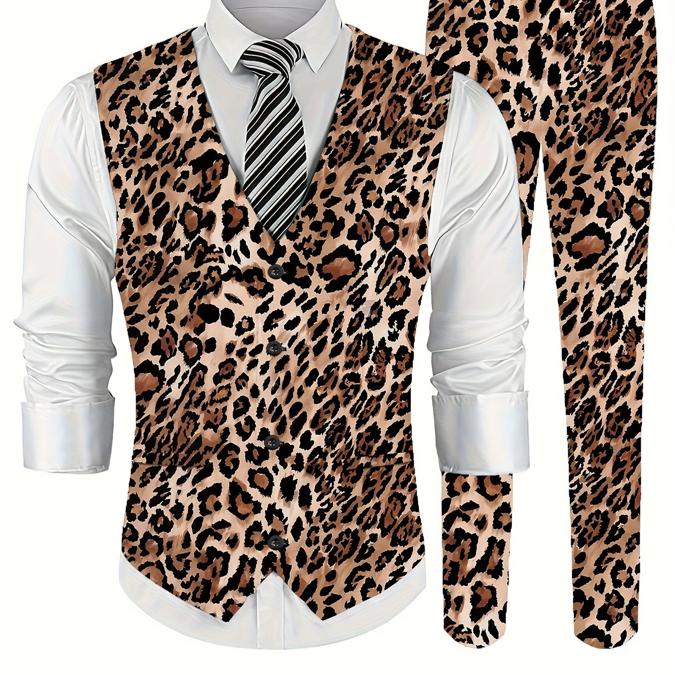 TEMU Herenmode 2-delige Vest en Jasje Broek Pak Set Zwart Luipaardprint Zakelijk Formeel Print Vest en Broek Combinatie Digitale Print Heren Vest