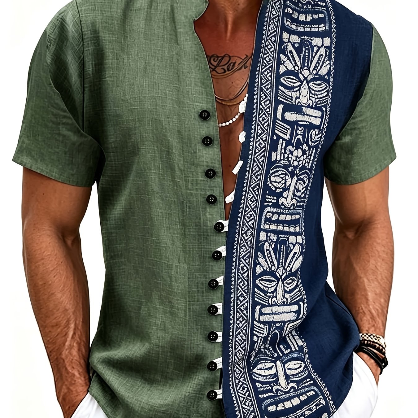 Plus Size Men's Casual Shirt Faux Linen Art Printed Stand Collar Short Sleeve Button Shirt Bohemian Ethnic Tribal Street Style Tops For Beach Vacation Summer And Wear