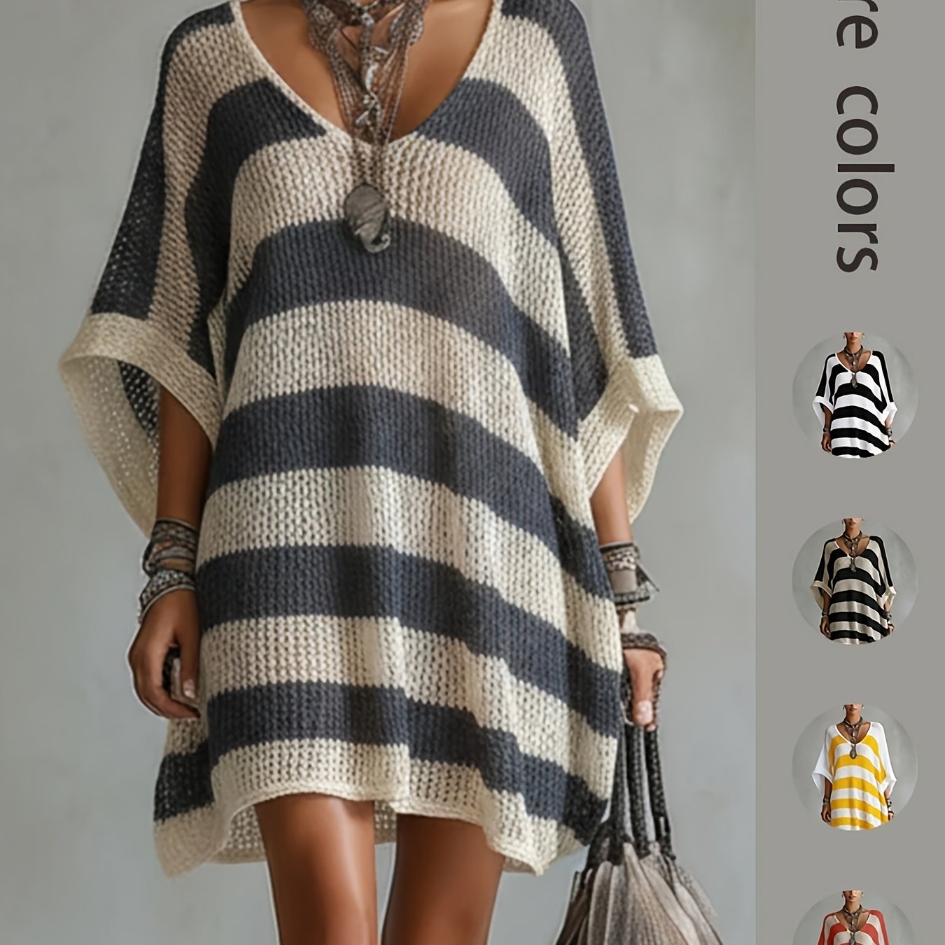 Image of Bohemian Semi-sheer Dress With Batwing Sleeves & V-neck - Color- Wide Stripe Openwork Midi Dress, Loose Batwing Batwing Sweeper Sleeves Suitable For Beach Vacation, Casual Layering Dress