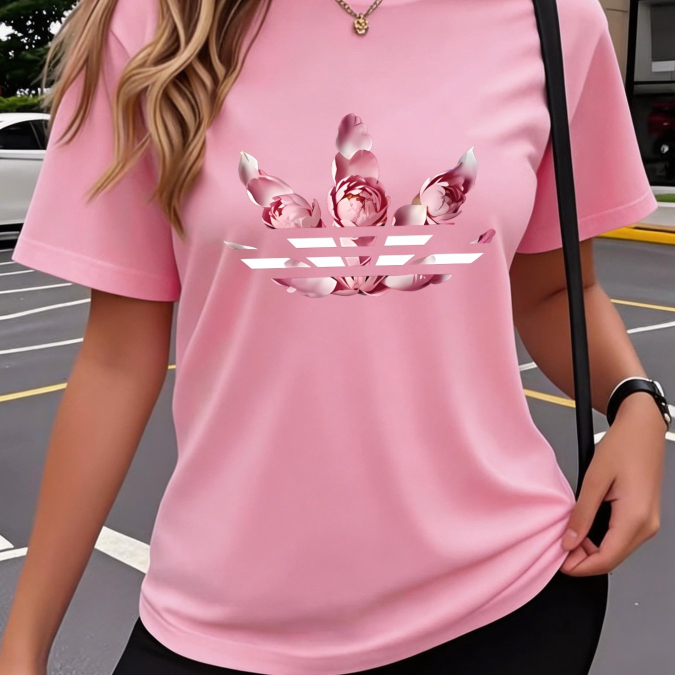 TEMU Pink Floral And White Striped Fashion Print Design Printed Pattern - Elegant Fashion - Y2k - Women's Round Neck Pullover Shirt Casual Athletic