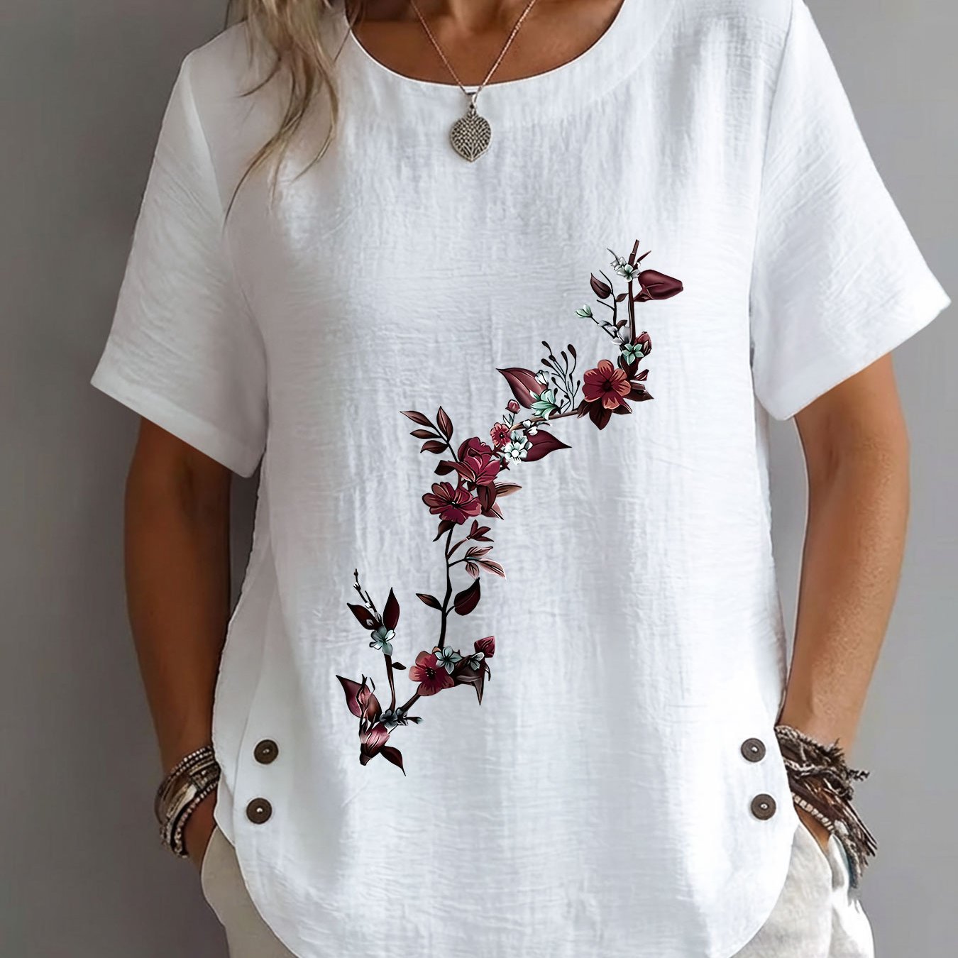 TEMU Spring/summer Women's Top, Dark Style, Floral Branch And Vine Print, Elegant, Mature, Casual, Round Neck, Short Sleeve, Women's Clothing
