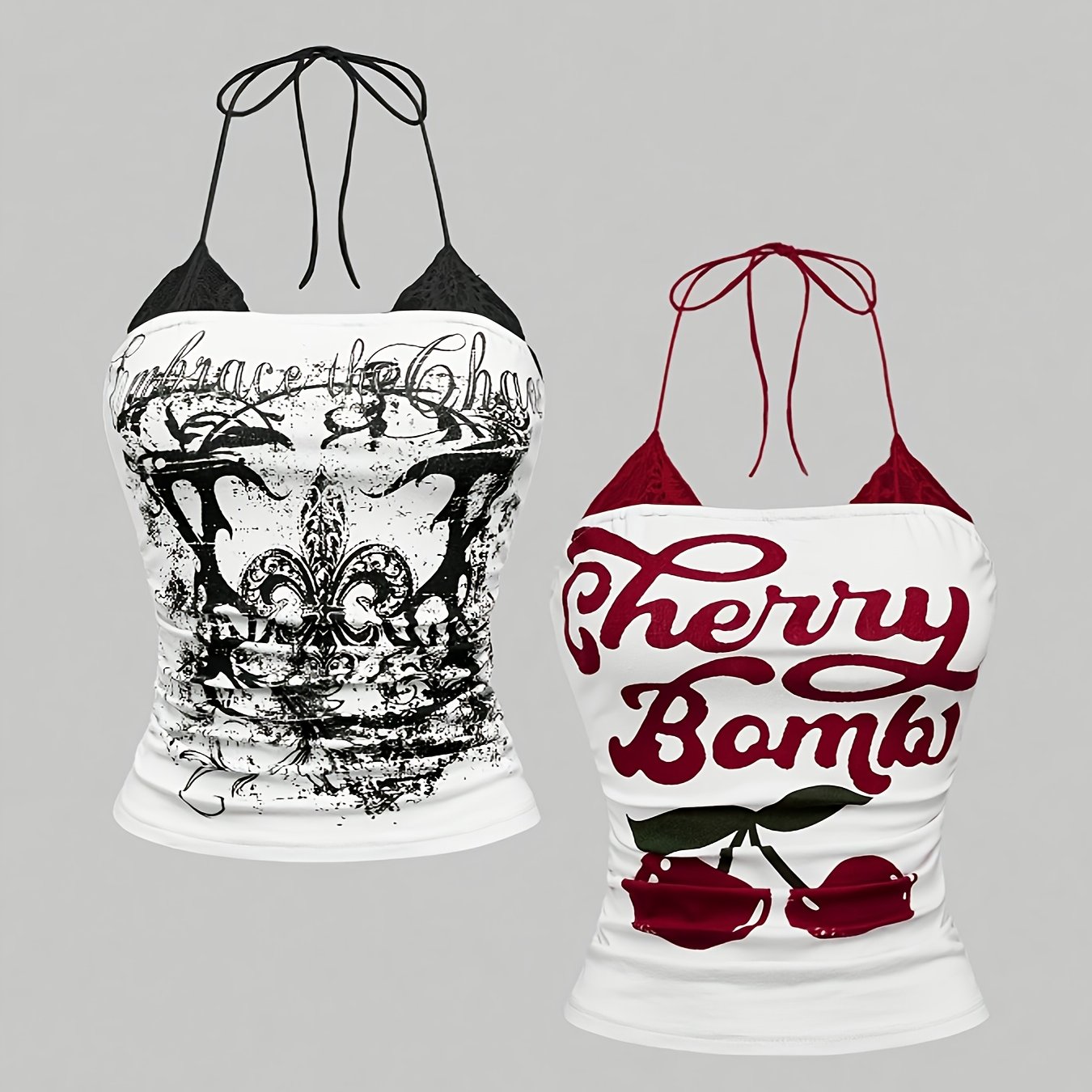 E-shop Neues Stilvolles Elegantes Spitzenbesetztes Halterneck-Print Top Zweiteiler für Damen, für Freizeitkleidung, Ganzjahres-Tragen, Y2K-Stil,