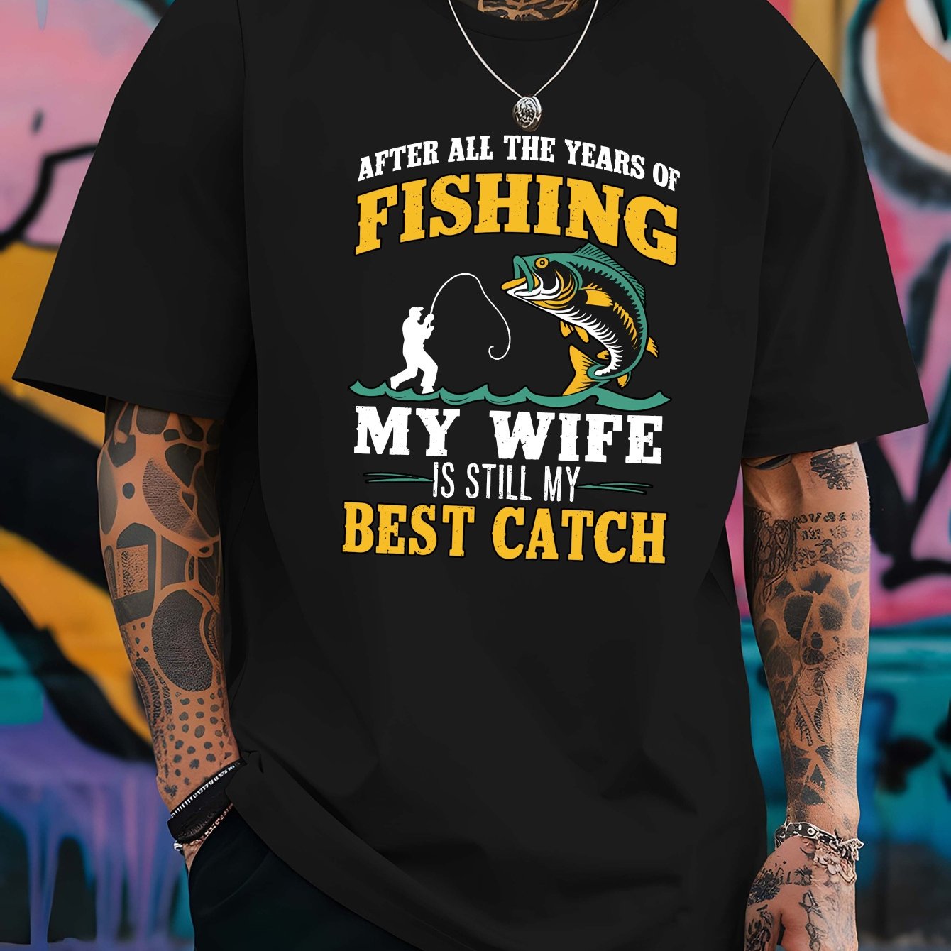 TEMU Plus Size Pattern T-shirt – "after Years Of Fishing, My Wife Is Still Catch" Short Sleeve Top, Breathable Round Neck Casual Beach And Outdoor