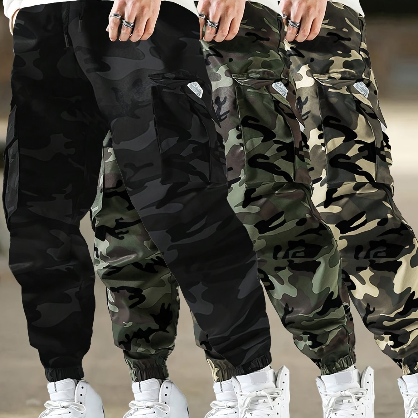 Image of Boys' Cargo Trousers With An Elastic Waistband, Featuring Camouflage Design, Multiple Pockets, And Elastic Cuffs, Suitable For Casual , Hiking, And Everyday Use, For Outdoor, Autumn Essentials