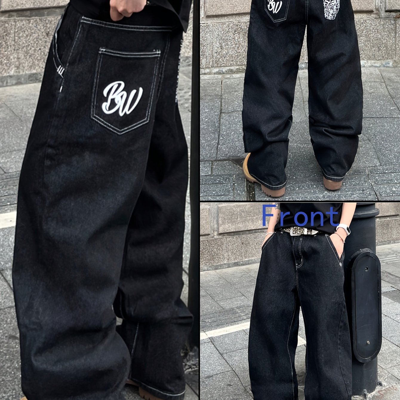 Image of Men's Casual Graffiti Print Jeans - Loose Fit Straight Leg Pants With Belt Loops, Medium Stretch Fabric, Streetwear Style, Regular Length, Streetwear Fashion | Relaxed Fit Jeans | Comfortable Wear