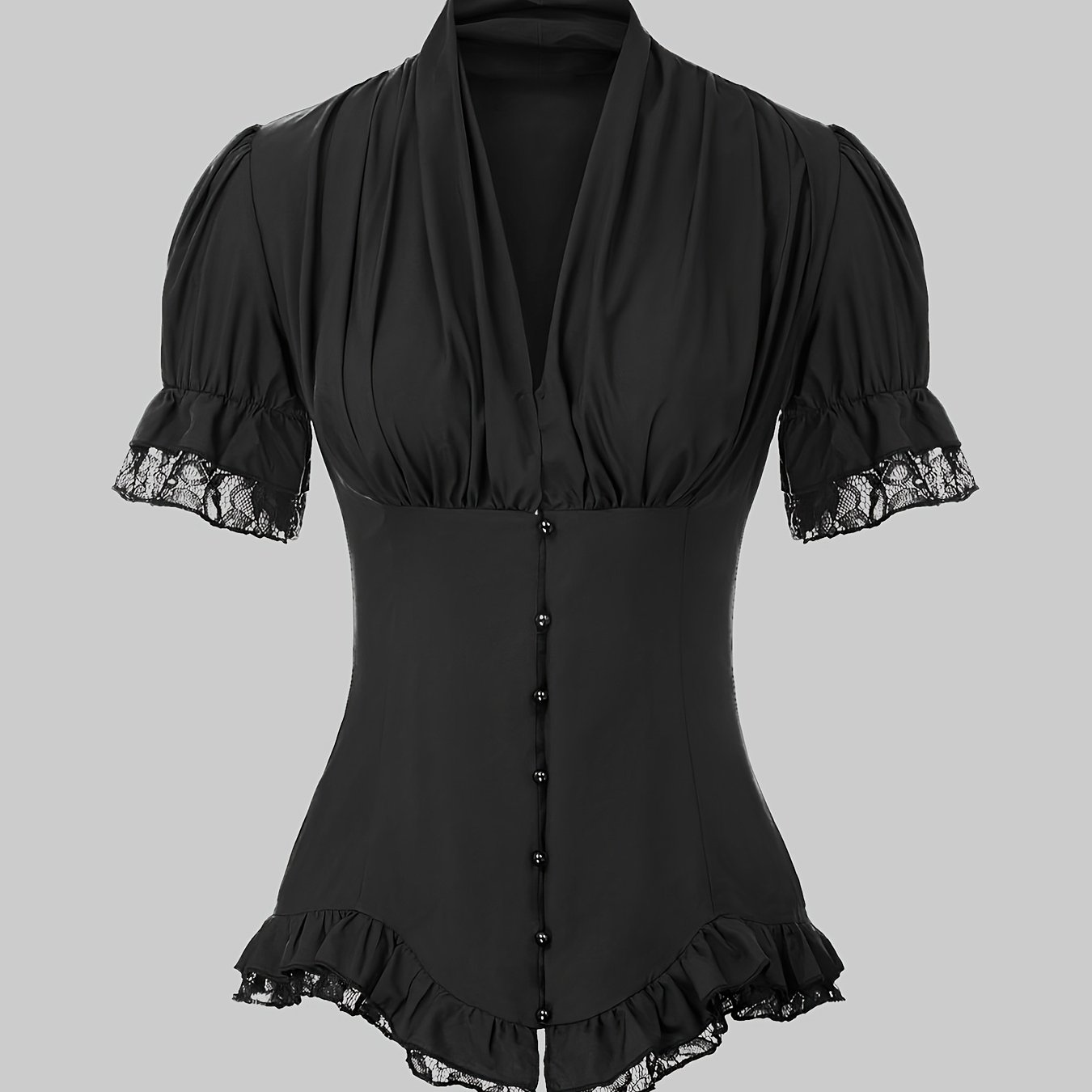 TEMU Retro Victorian Medieval Lace-up Corset V-neck Gothic Dark French Country Short-sleeved Shirt, V-neck Fashion Lace Shirt Women' Sense Stitching