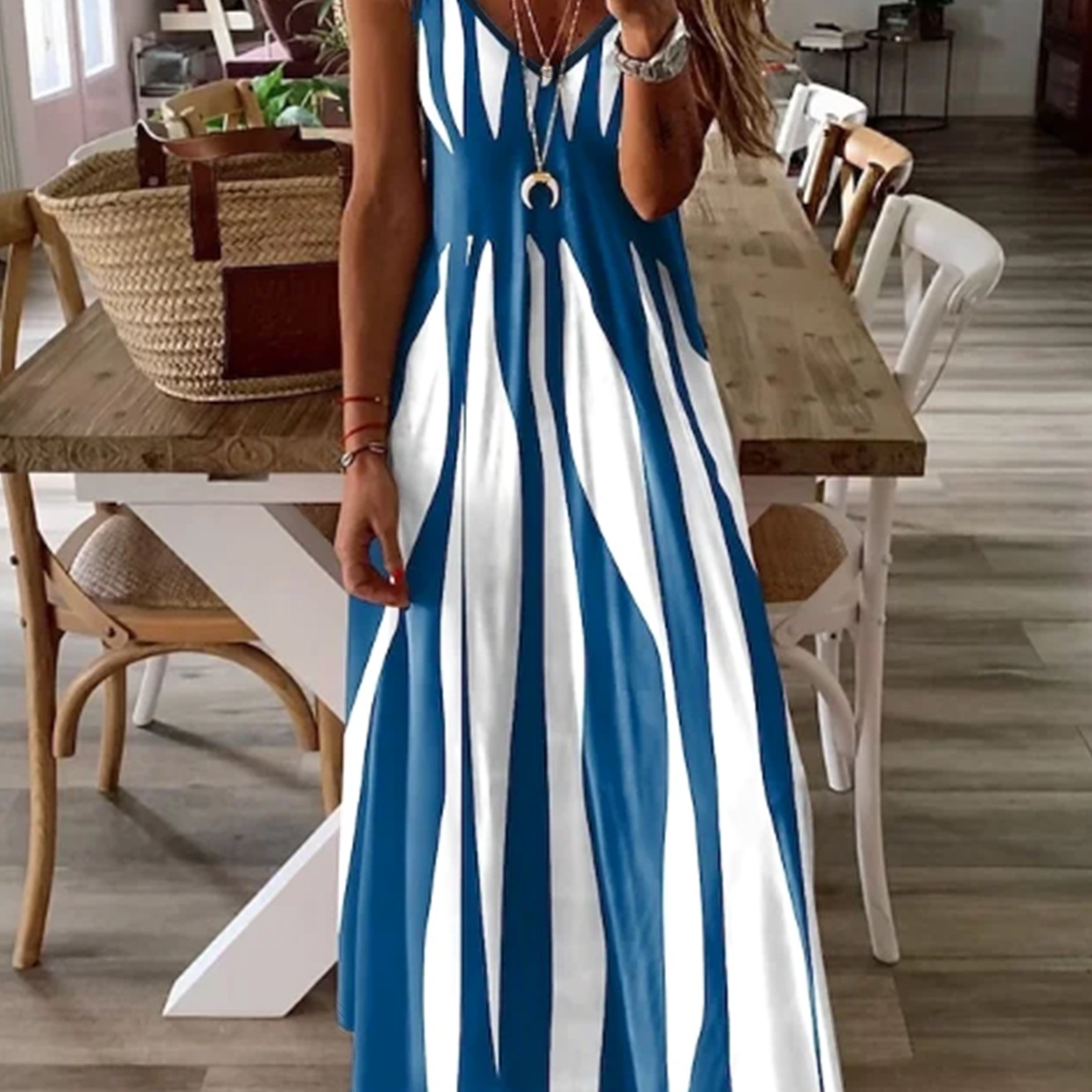 TEMU Fashion Women's V-neck Dress With Thin Straps, Printed Casual Dress, Outdoor Comfortable Dress, Casual Dress For Spring, Summer, Autumn, And