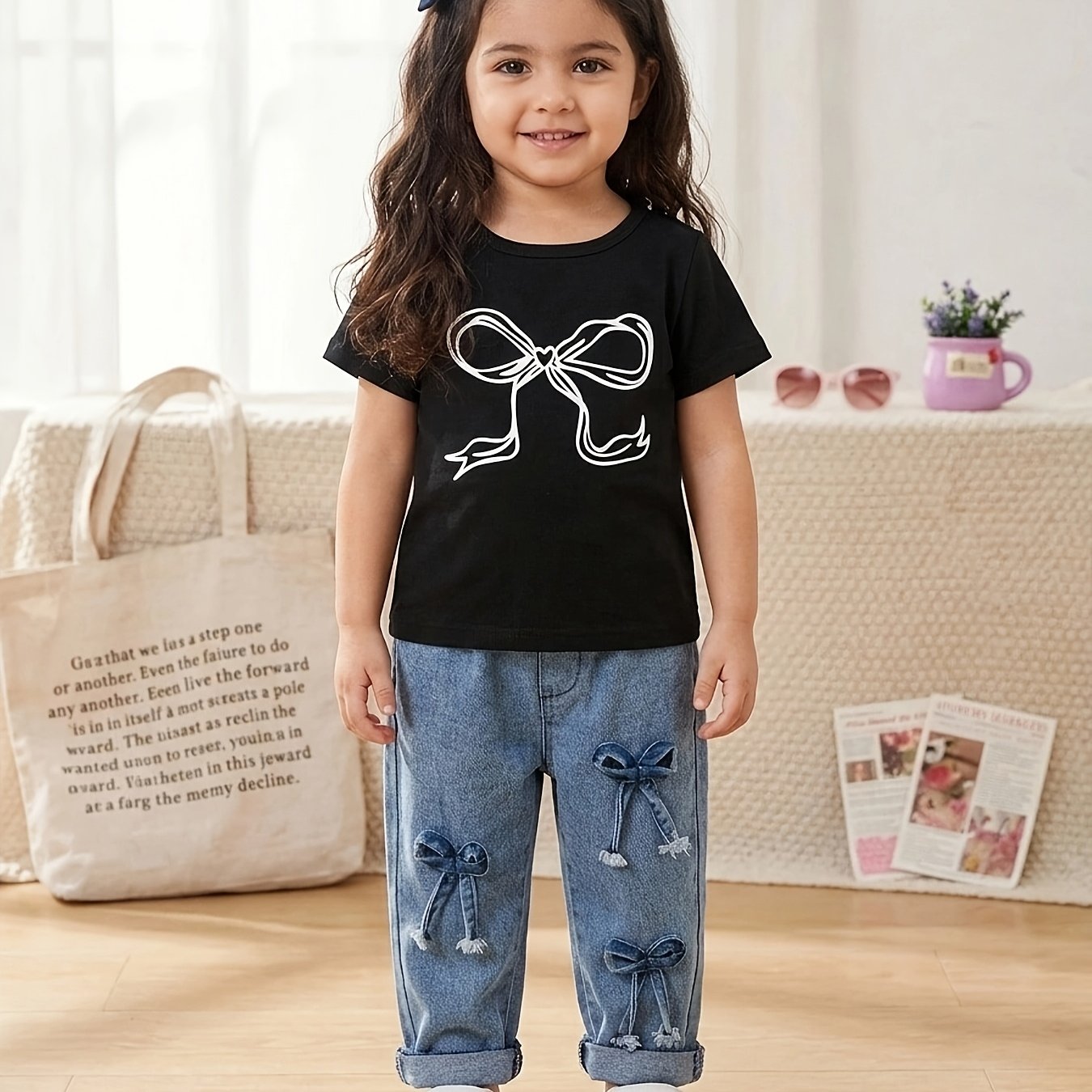 2pcs Girls' Black Short Sleeve T-shirt With Bow Print And Multiple Three-dimensional Bow Decorations, Pants Set For Spring And Summer