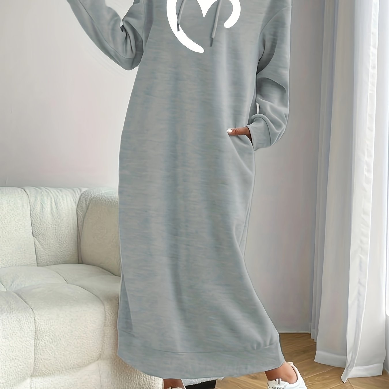 Image of 4555z153 New Winter Thick Long Hooded Sweatshirt Dress, 's Casual Dress