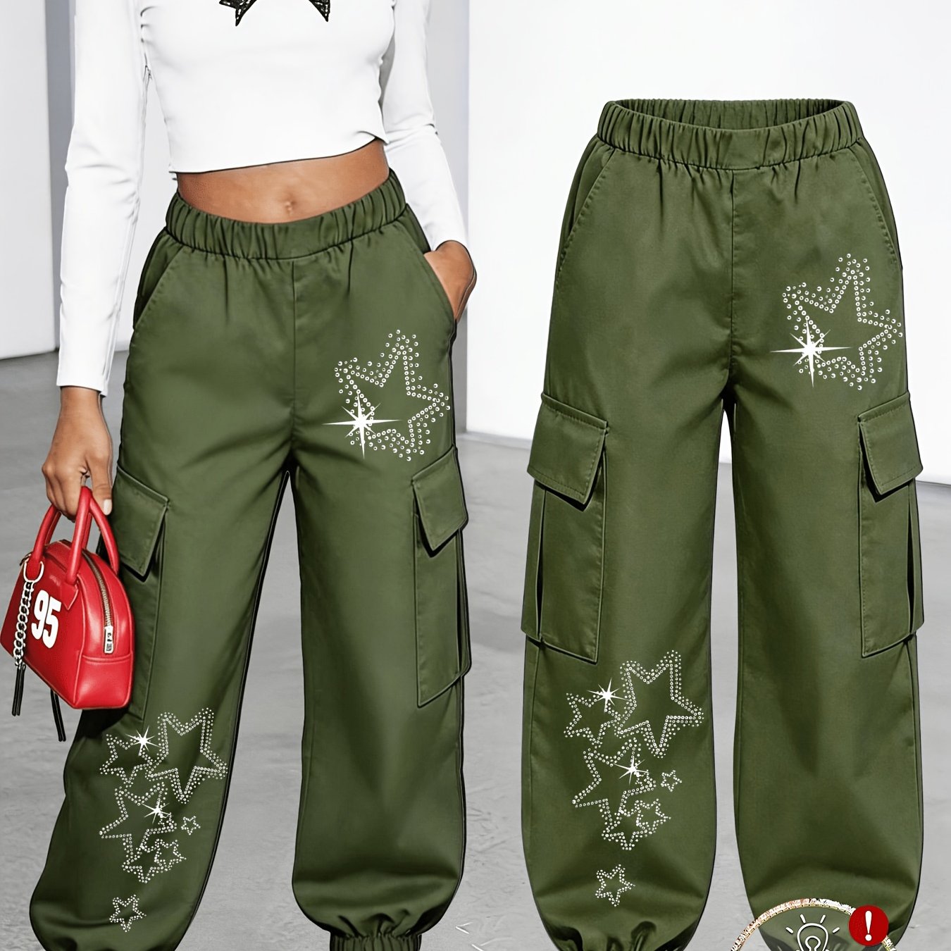TEMU New Arrival Women's Long Pants (single Piece), Cute And Print Cargo Pants With Multi-pockets, Cargo Style, Fashionable 18-25, Machine Washable,