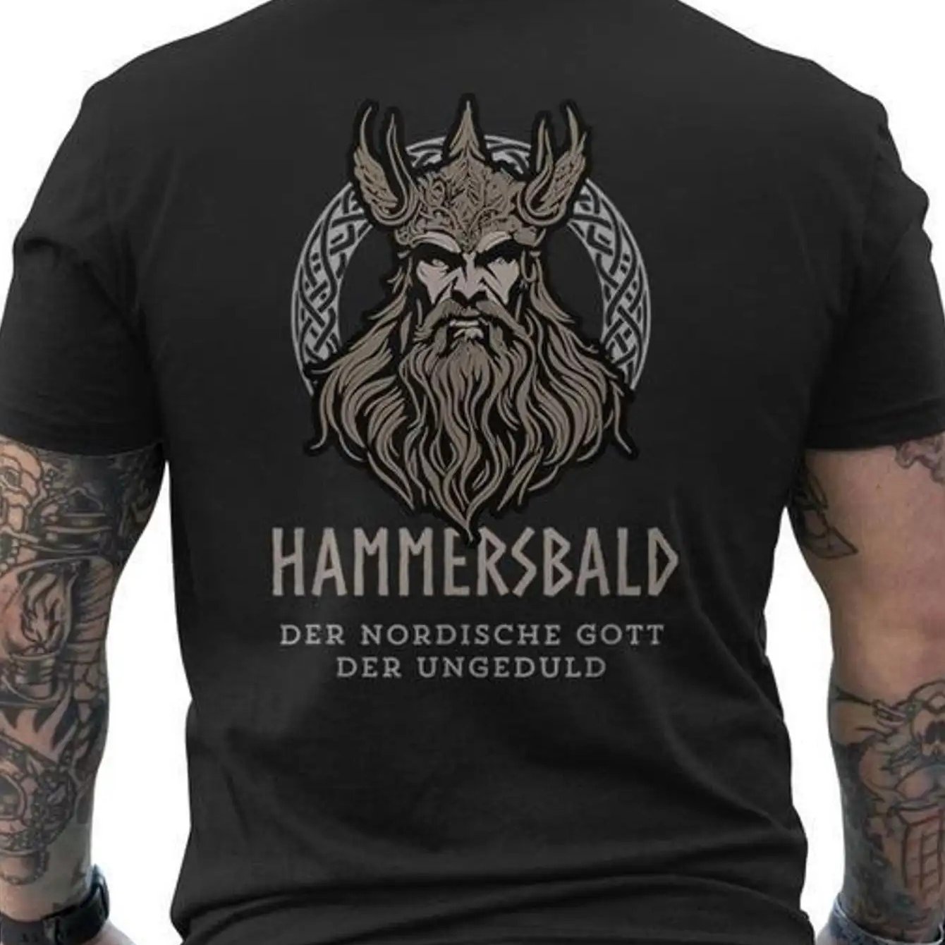 Image of Hammersbald God Of Men's Graphic T-shirt, Soft Crew Neck T-shirt With German Text And Geometric Pattern- Casual Short Sleeve, , T-shirt, Nordic Style Shirt, Collectible T-shirt
