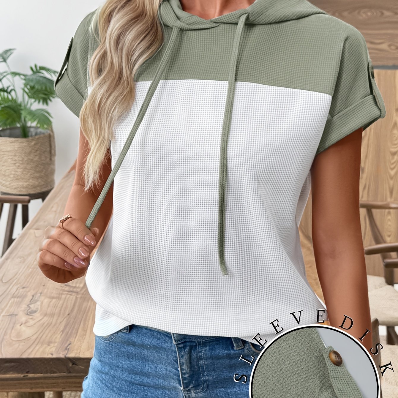 E-shop Damen Sommer Outfit, Elegantes Spliced Color-Block Kapuzen-Top mit kurzen Ärmeln, Lässiges Waffel-Textur T-Shirt zum Muttertag