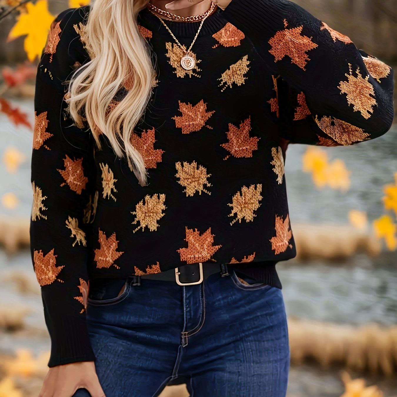 E-shop Herbst/Winter Pullover mit gerichtetem Blattmuster, bequemer Langarm-Pullover mit Rundhalsausschnitt im eleganten Stil