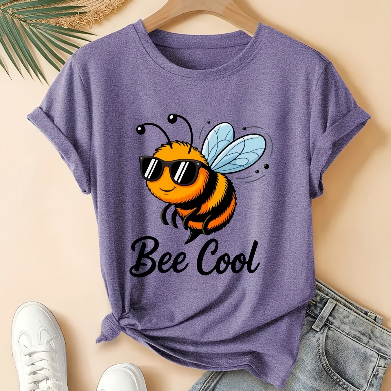 TEMU Dames Casual T-shirt in Grote Maten met '' Design, met een Bij met Bril, Perfect voor Lente, Zomer en Herfst. Deze Ronde Hals Top met Korte