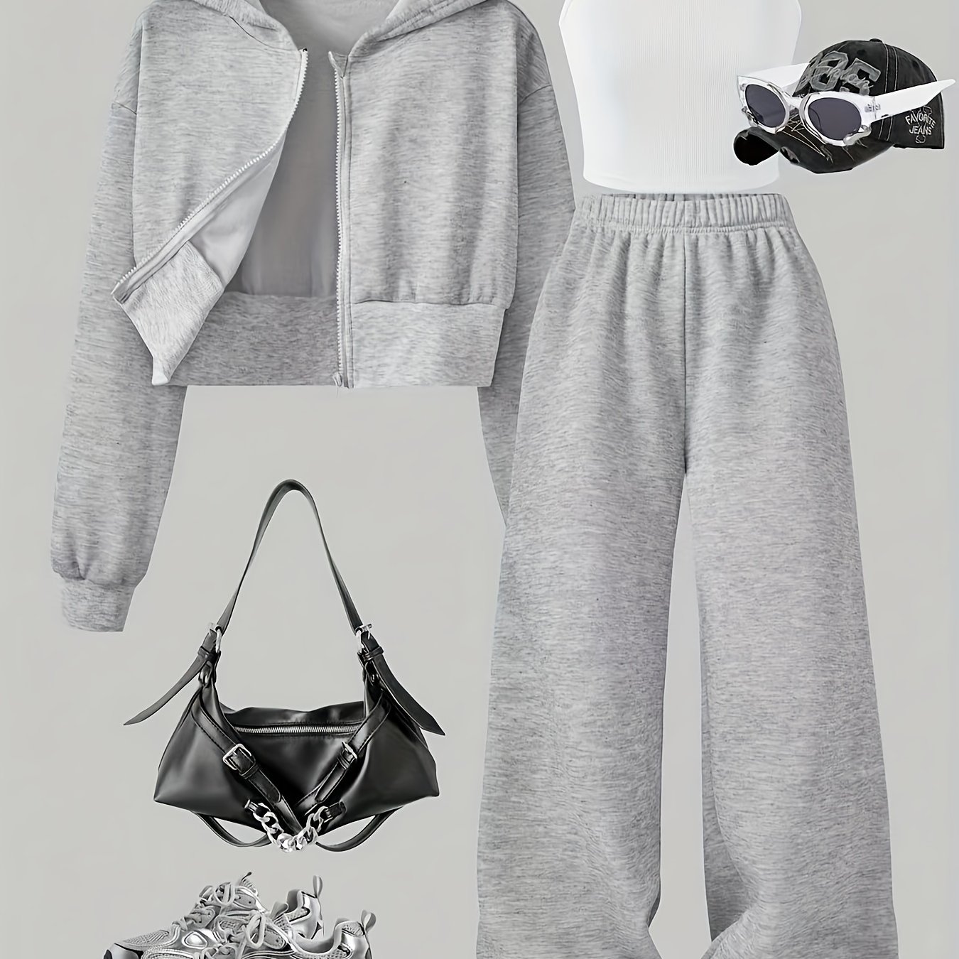 TEMU Girls' Casual Three-piece Sportswear Set, Girls' Fleece Hooded Zip-up Sweatshirt, Camisole And Loose-fitting Trousers, Suitable For Daily Wear,