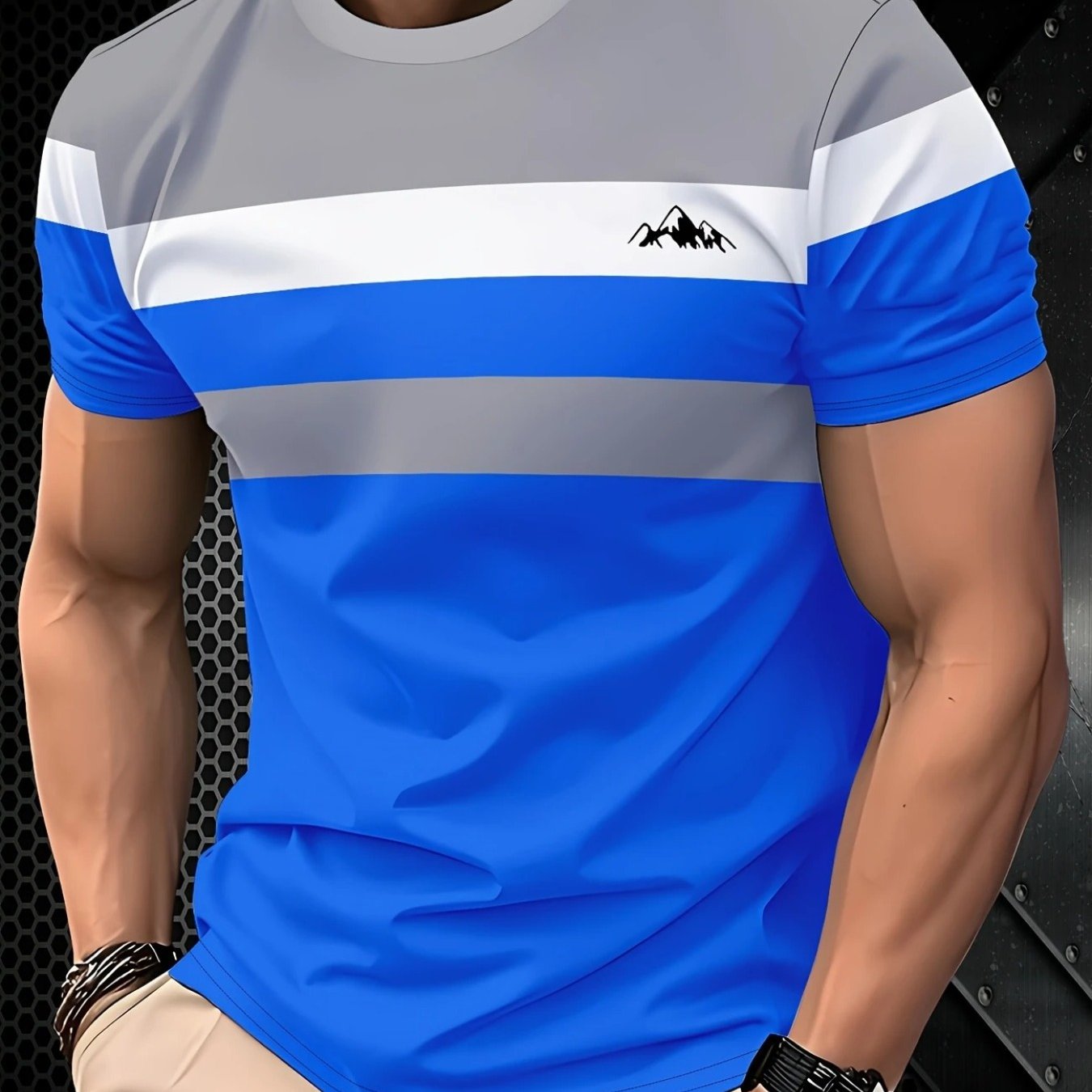 TEMU Casual Men's Streetwear Featuring Lightweight Short-sleeve Shirts, Trendy -neck Tees With A View Pattern And Contrasting Color Prints