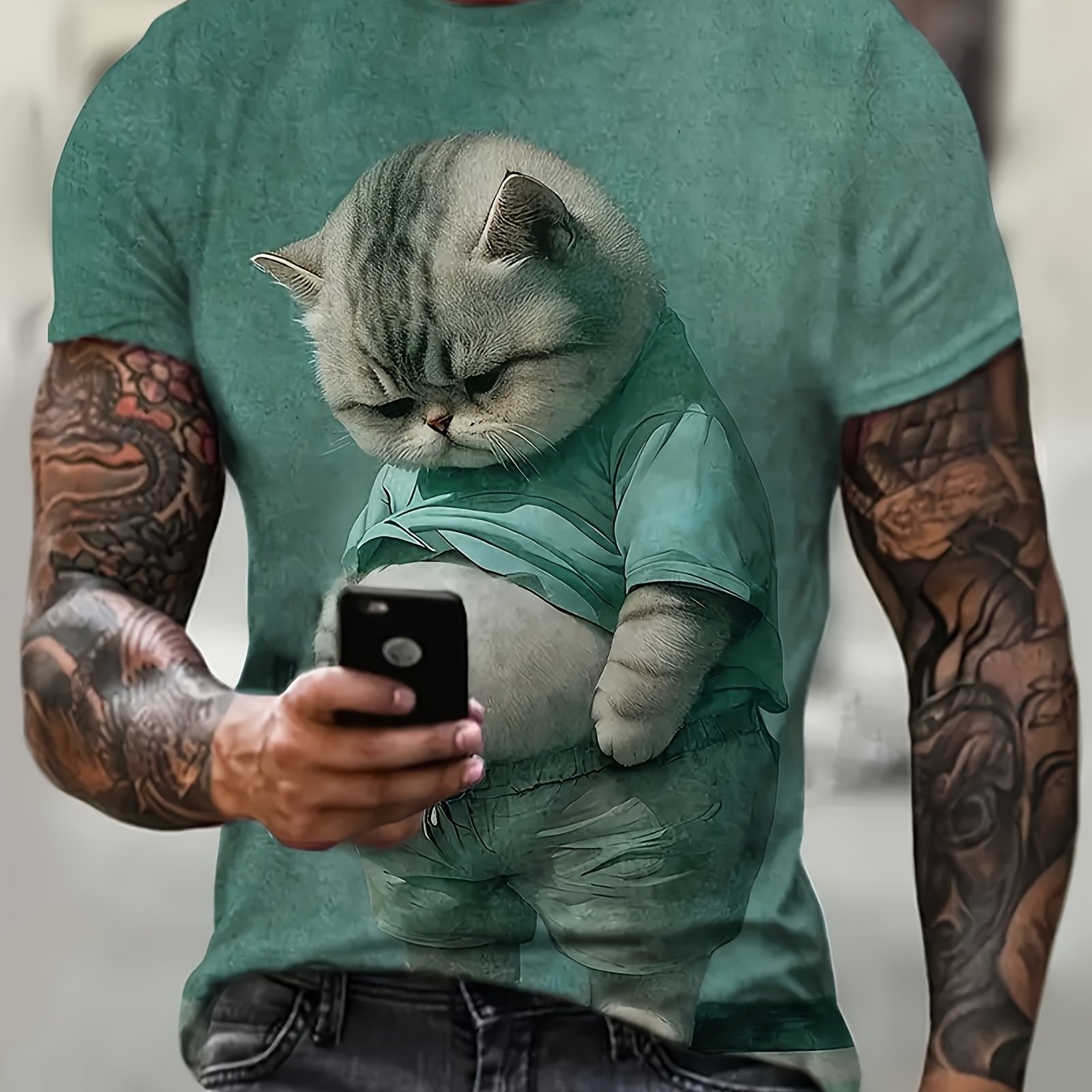 TEMU Plus Size Men's Cat Print Striped Short Sleeve T-shirt, Casual Short Sleeve Crew Neck Tee, Fashionable Breathable Quick-dry Clothing, Loose Size