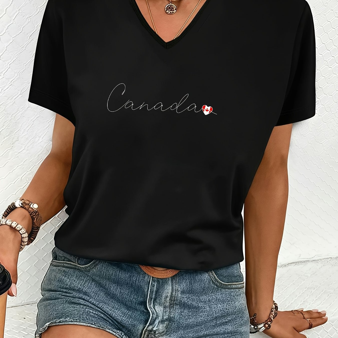 TEMU Grande Taille - T-shirts pour Femmes Lz250926X327 Impression Plate 2D Style Polyvalent Col en V pour Femmes en Été - Coupe Ample Oversize Un