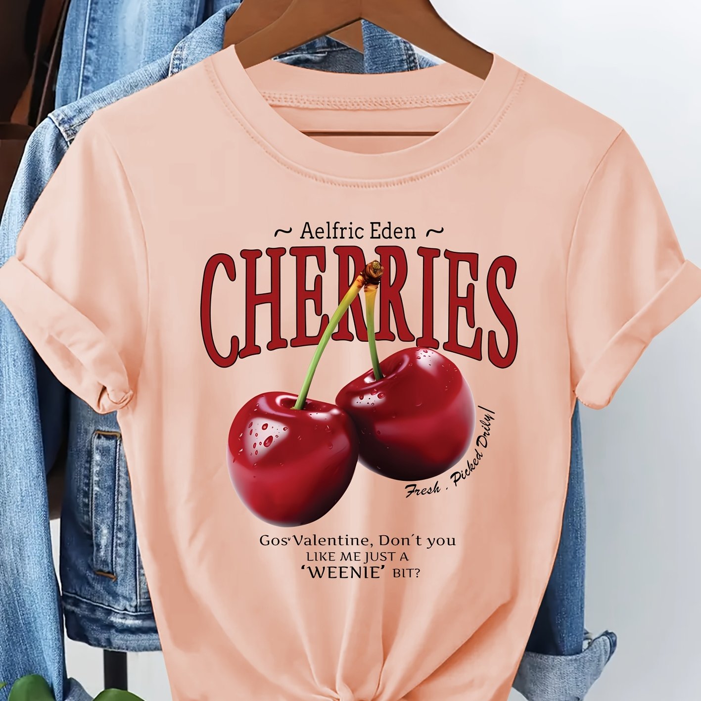 TEMU Women's Casual Cherry Print T-shirt - "cherries" Design With Red Cherries & Heart, Short Sleeve, Round Neck, Lightweight & Stretchy, , Casual