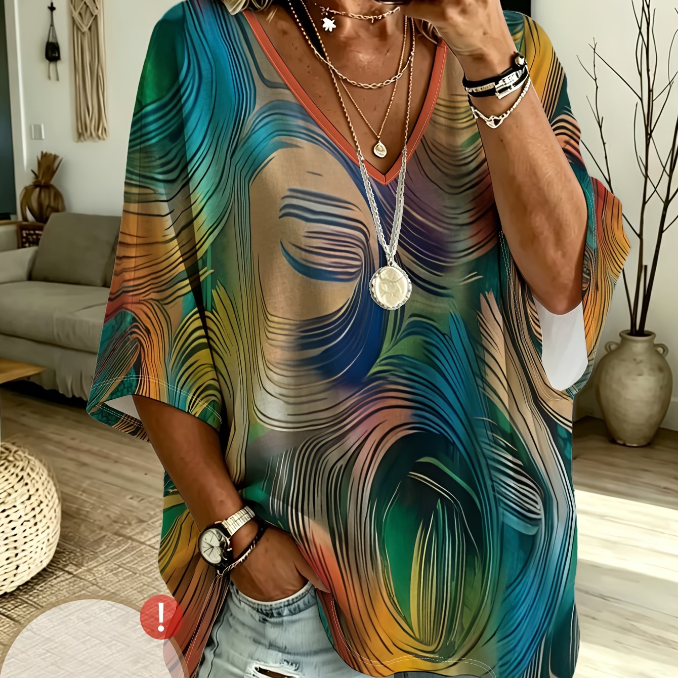 TEMU Plus Size, Plus-size Women's Casual V-neck Three-quarter Sleeve Top With Green-blue-orange Water Ripple Pattern Print, Loose And Flowing Fit