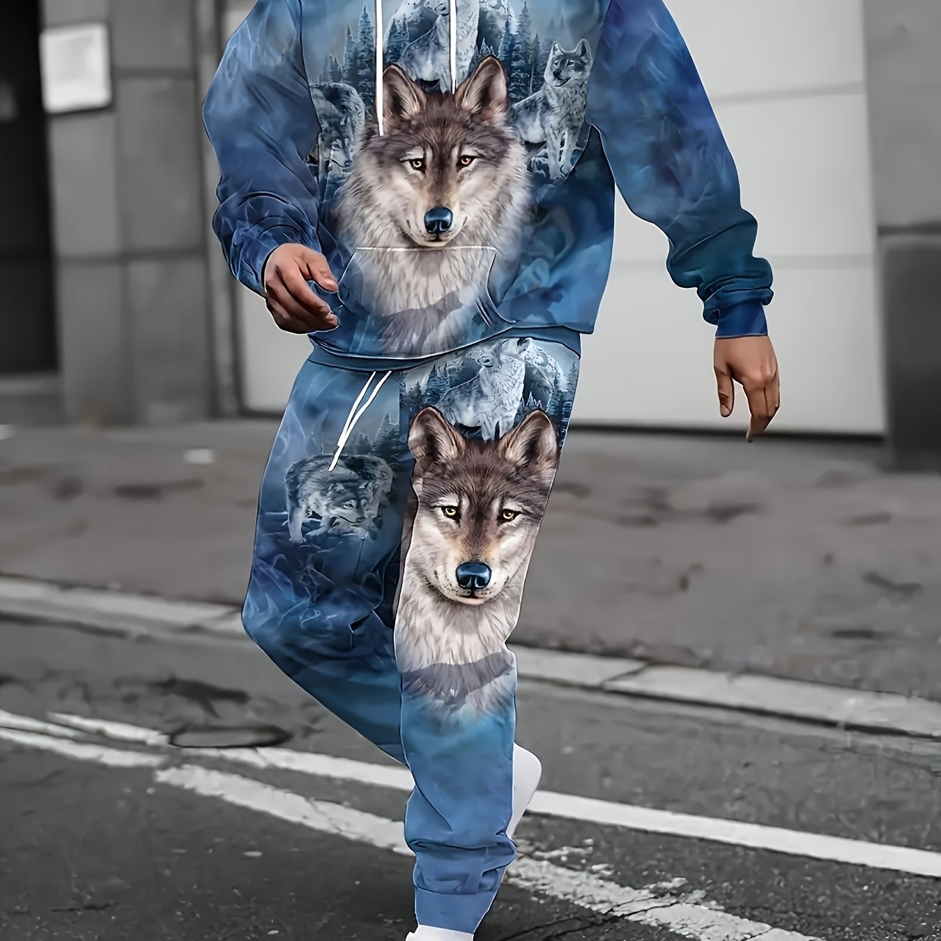 TEMU Men's Casual Hoodie And Pants Set, Featuring A Long-sleeve Wolf Print, Regular Fit, Suitable For Spring And Autumn