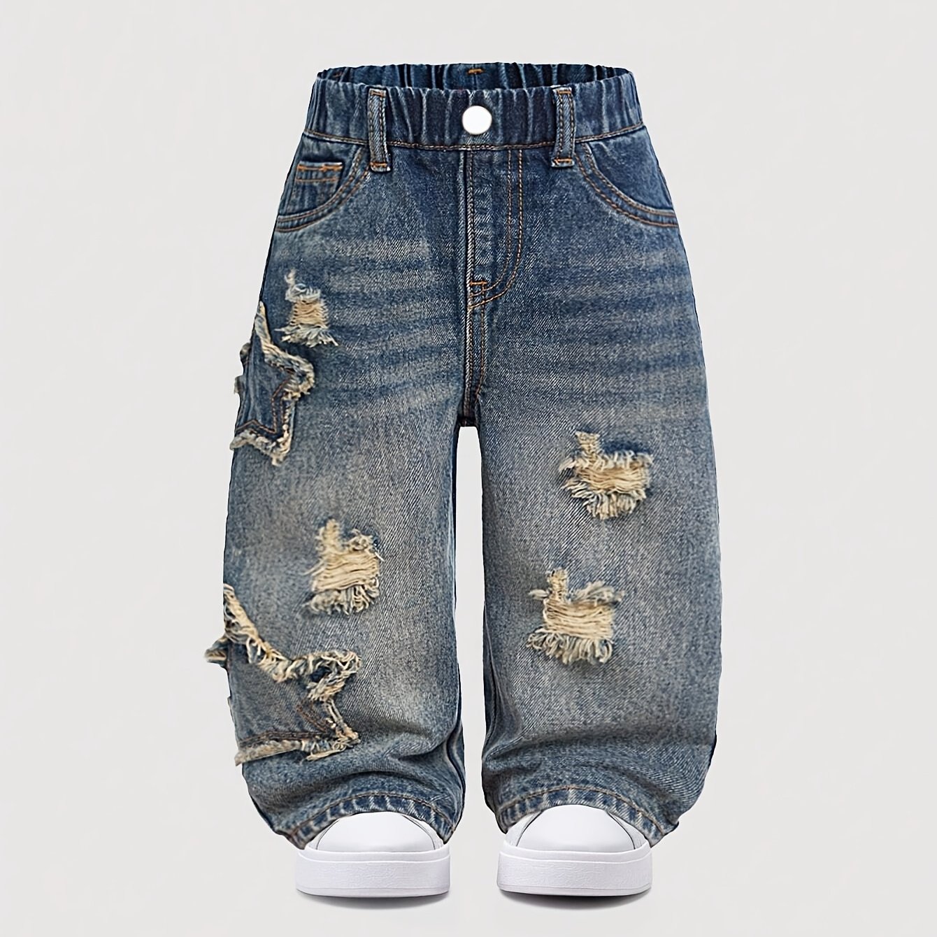 Star Tassel Ripped Loose-fitting Denim Pants In Vintage Blue, Trendy And Cool