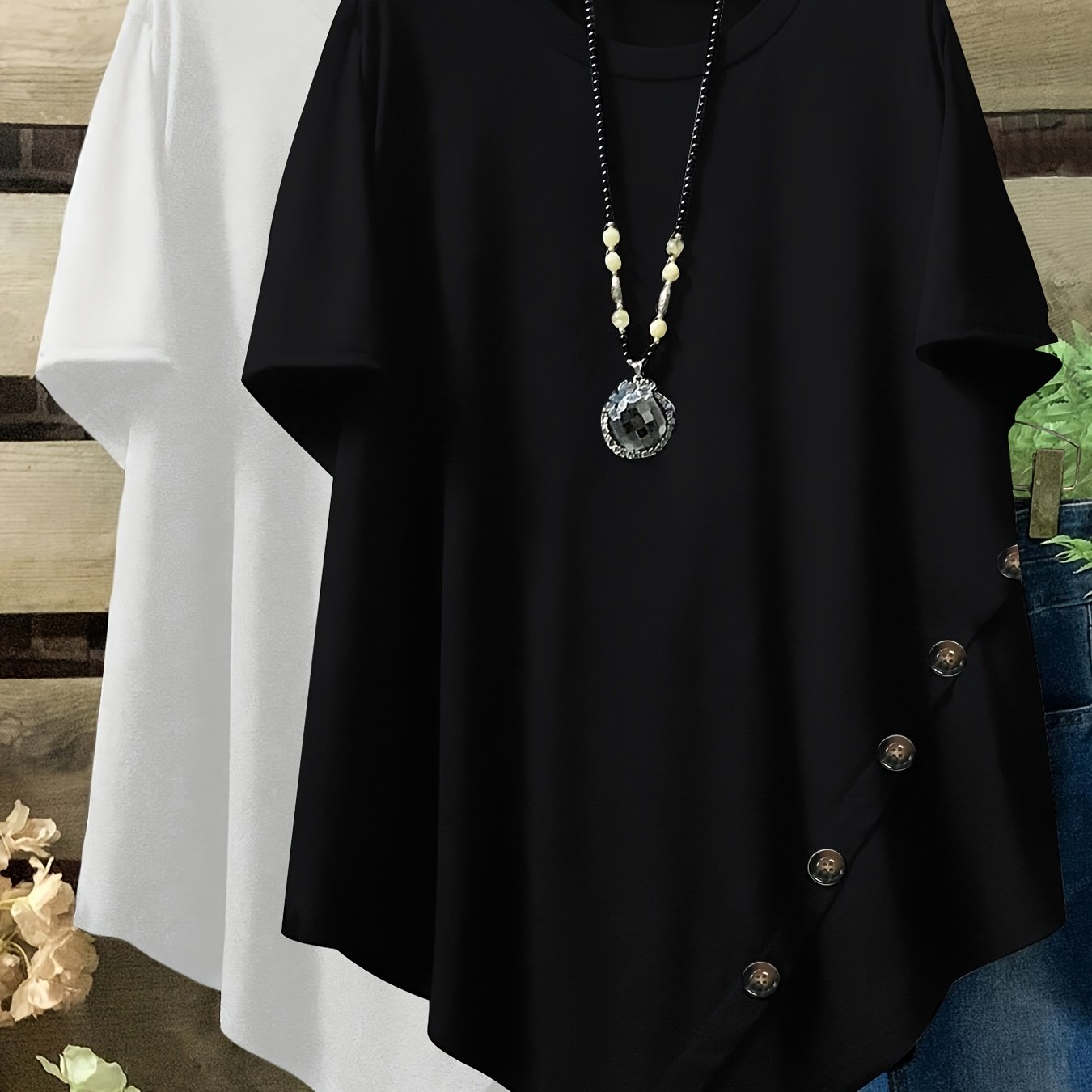 Image of Plus Size, 2pcs Plus Size Loose Short Sleeve Casual T-shirt, Button Detail Round Neck Asymmetrical Hem Summer Women's Wear