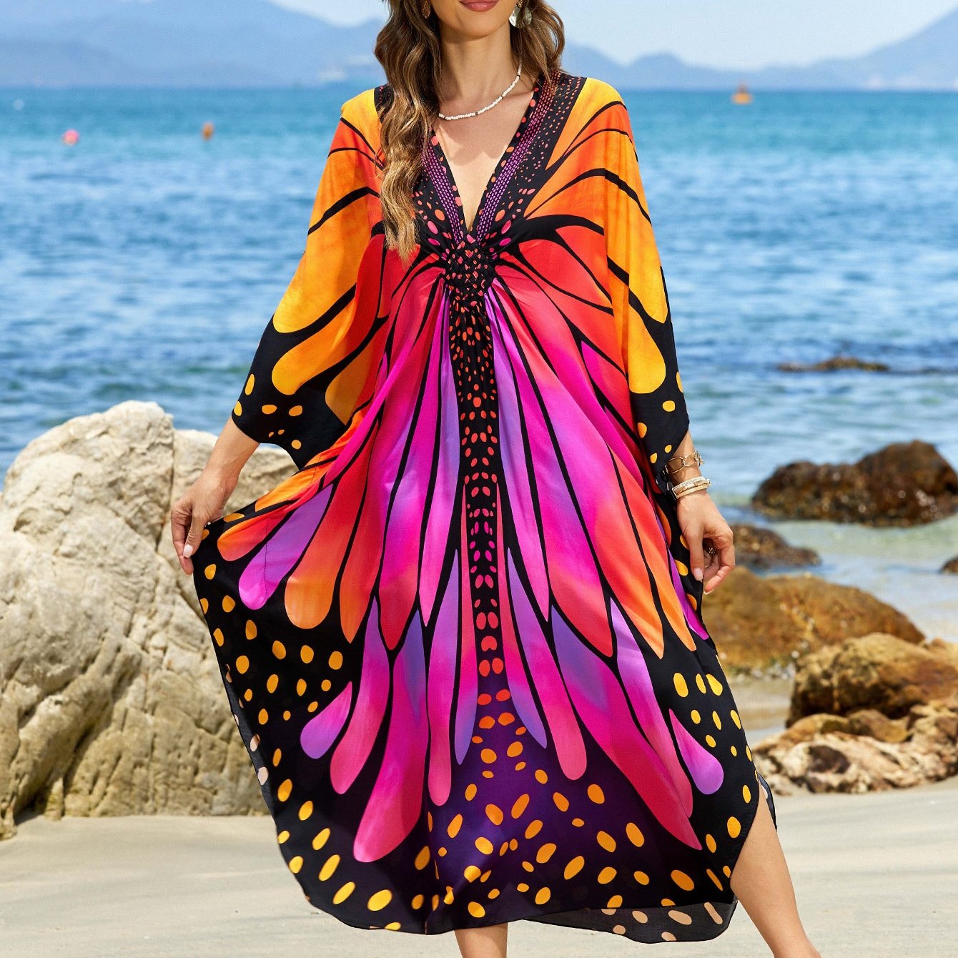 TEMU Plus-size Beach Cover-up With Print, Loose-fitting Beach Dress, Middle Eastern Kaftan