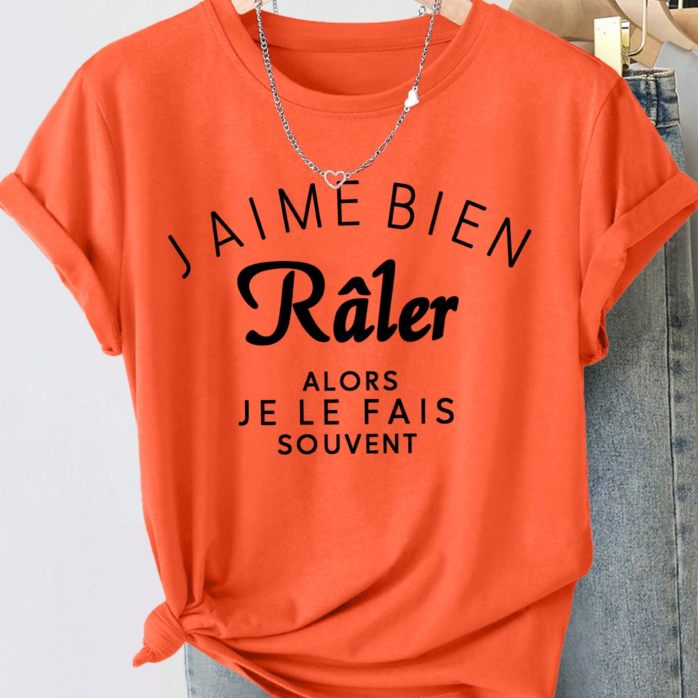 TEMU T-shirt pour femme de style français « J'AIME CRIAILLER JE SOUVENT » - Haut à col ras du cou et manches courtes avec slogan imprimé, décontracté