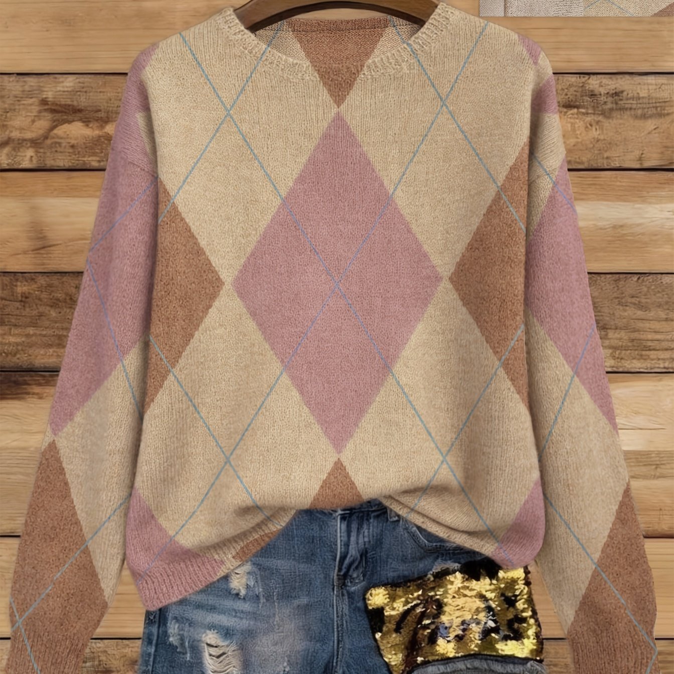 TEMU Thin Sweater For Women With A Round Neck And Long Sleeves, Featuring A Vintage Diamond Pattern. This Classic -style Top From Durable Fabric,