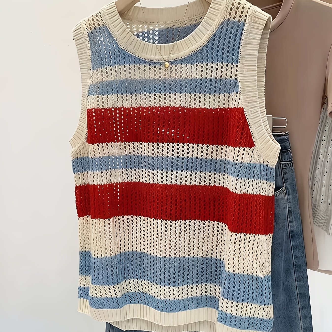 TEMU Women's Color-block Striped Openwork Sleeveless Vest, Suitable For Spring And Summer Wear, Ideal For Daily Casual And