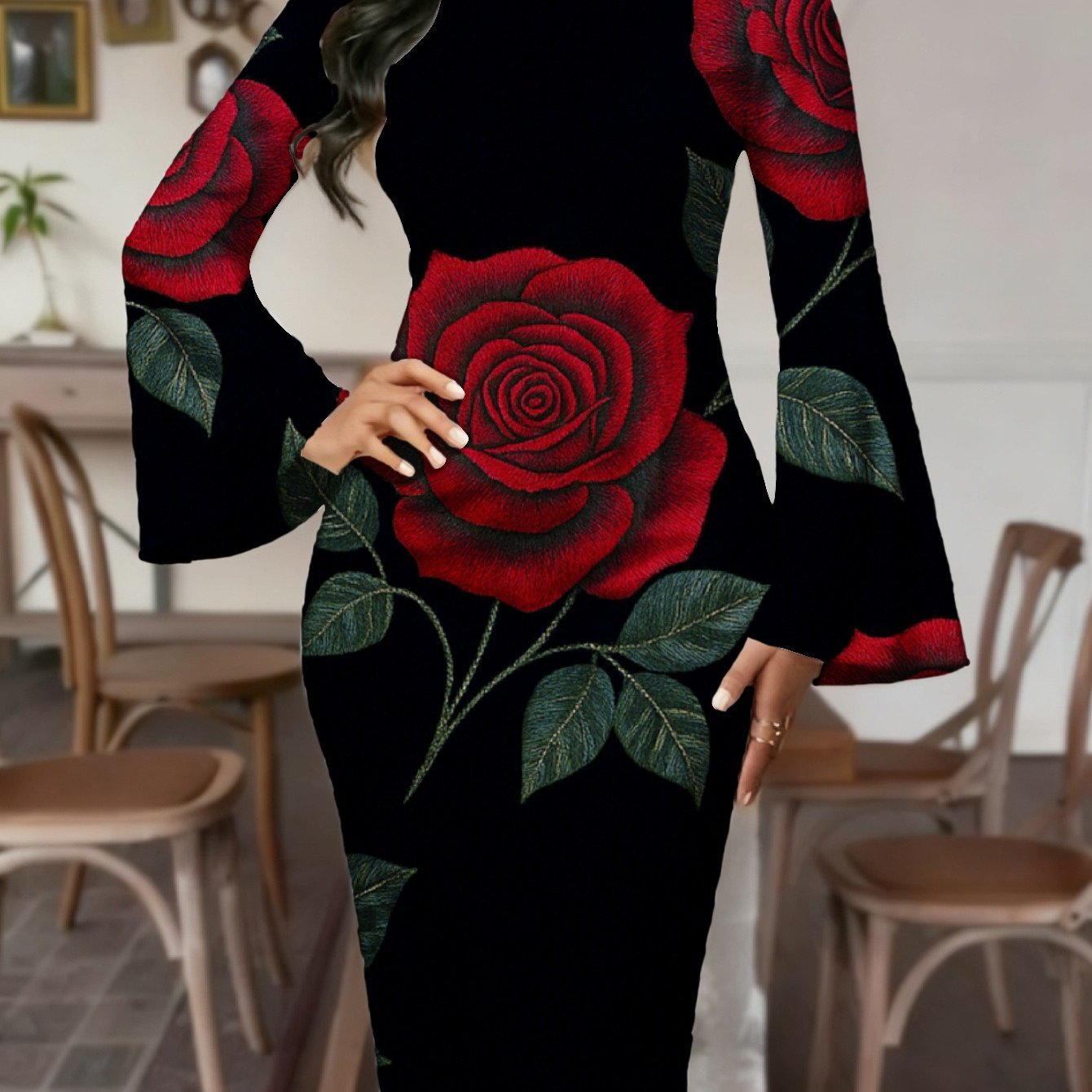 Image of Plus Size - Plus Size - Large Size Elegant Herringbone Pencil Dress | Long Sleeve Crew Neck For Parties, Clubs And H Dresses (/pink)