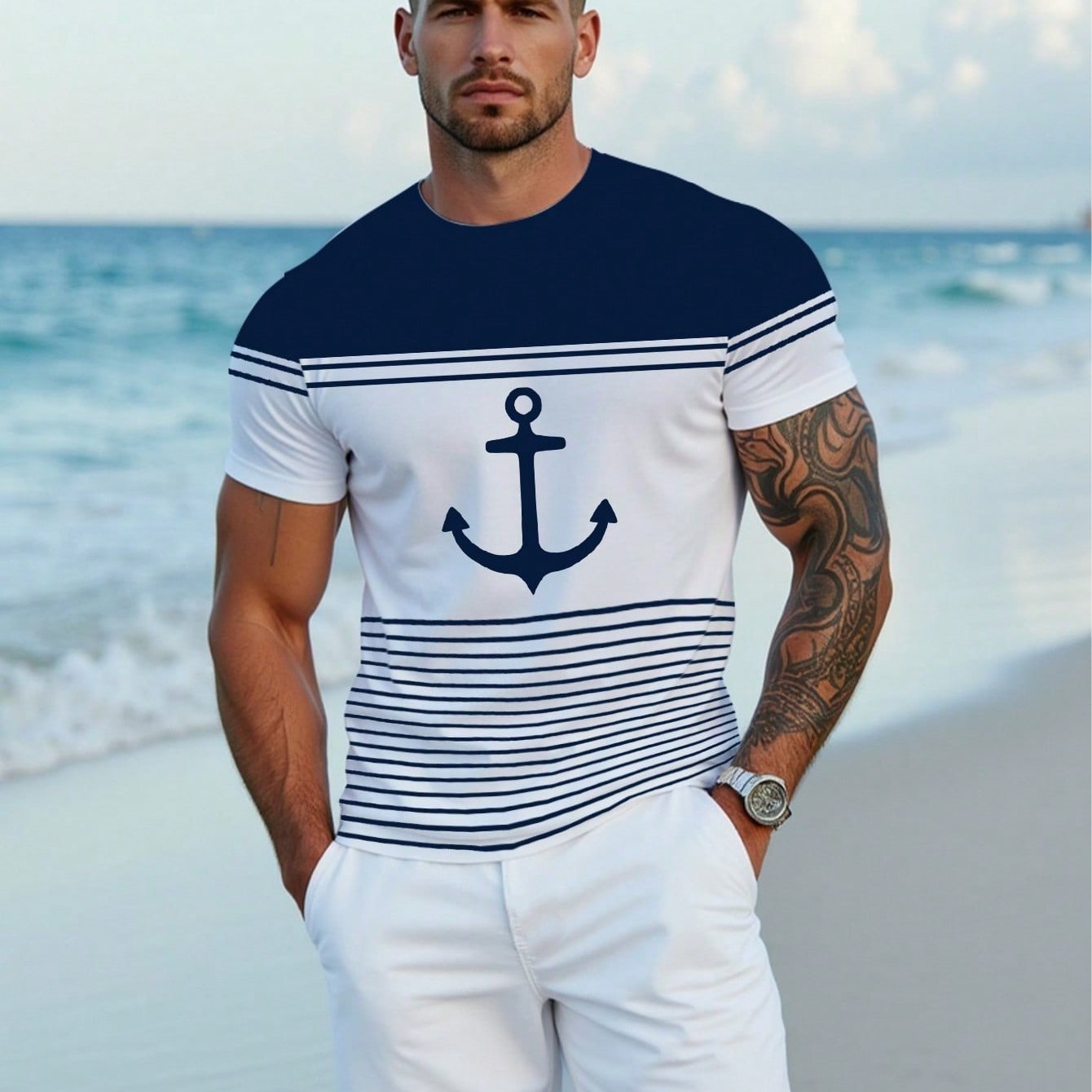 TEMU Print Design â Not Textured Men's T-shirt Short Sleeve Fashion Casual & Mature Sailor Anchor Stripes Gradient Print Regular Fit Men's Short
