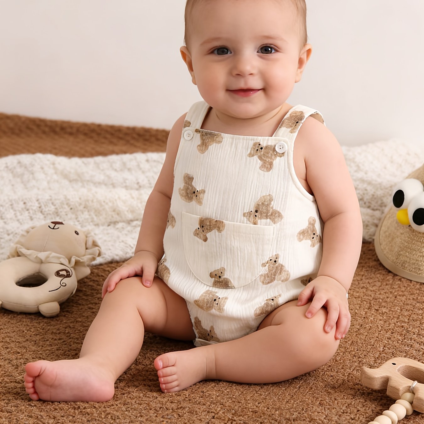 Image of Summer Baby Romper Bodysuit, Bear Print Breathable Sleeveless Crawling Suit, Newborn Soft Comfortable Suspender Shorts For Outdoor Wear