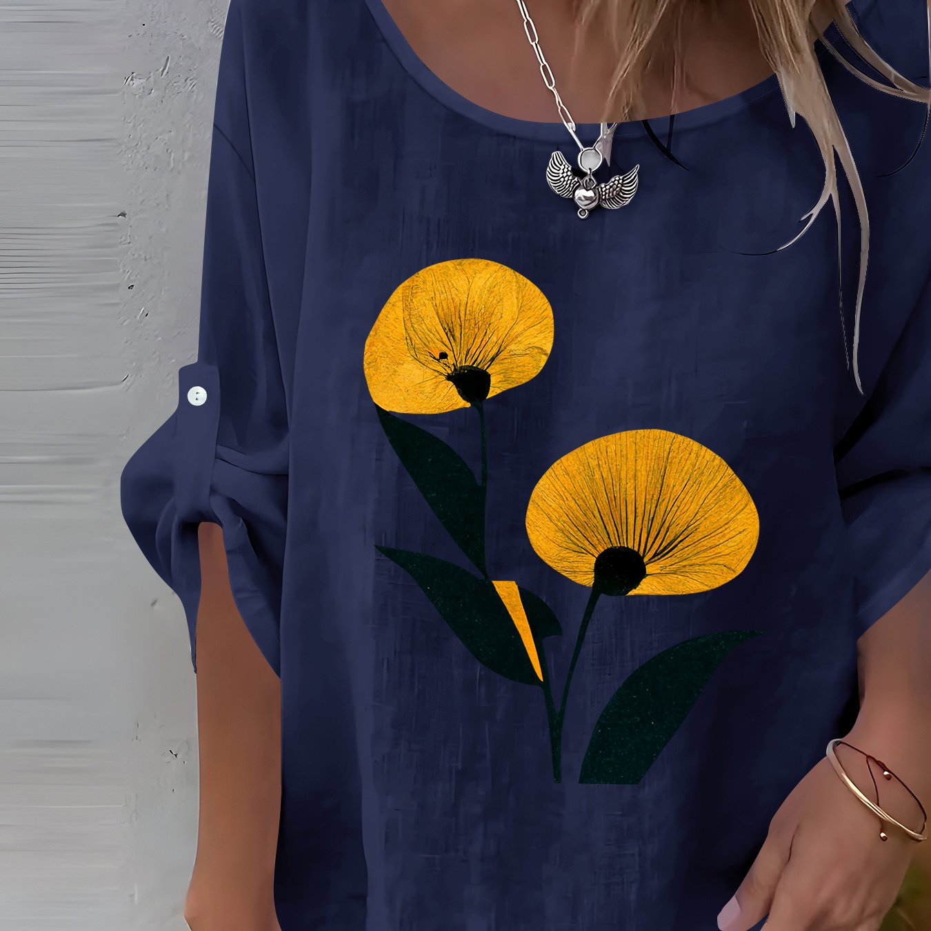 TEMU Casual Elegant Women's Long-sleeve Floral Print Shirt With A Round Neck And Sleeves
