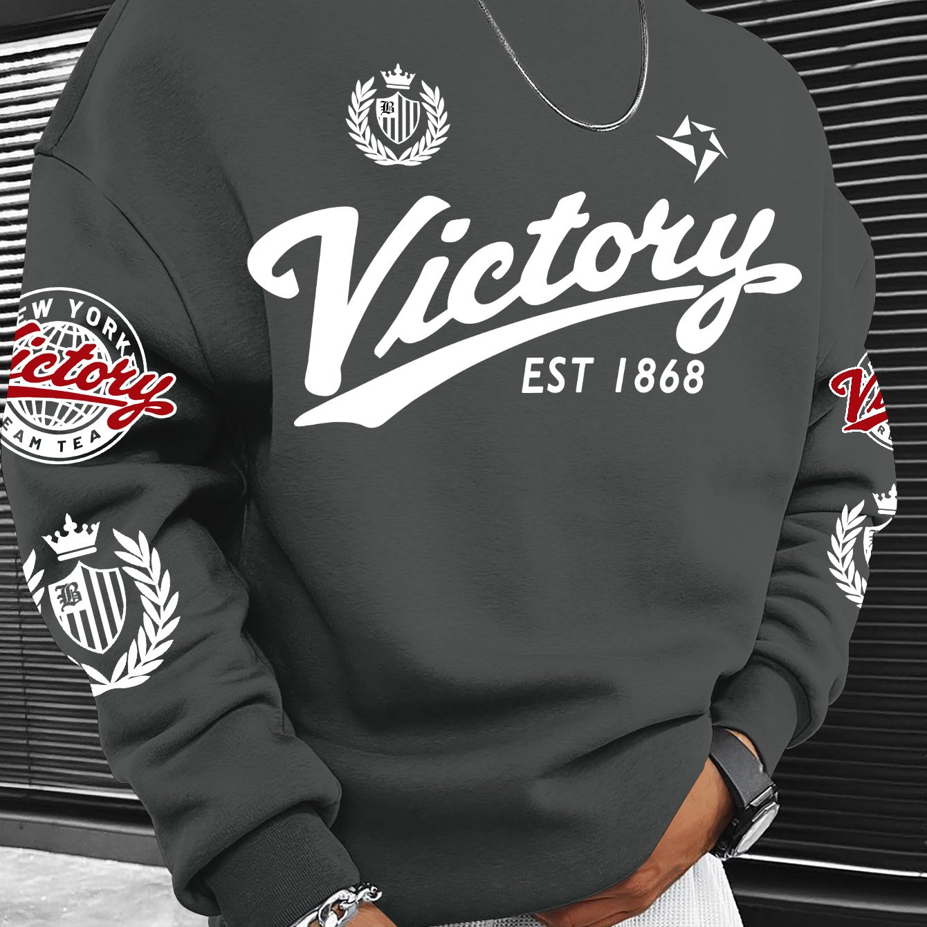 TEMU Men's Round Neck Sweatshirt, Vintage Style With A 'victory Slogan' Featuring Elements Print